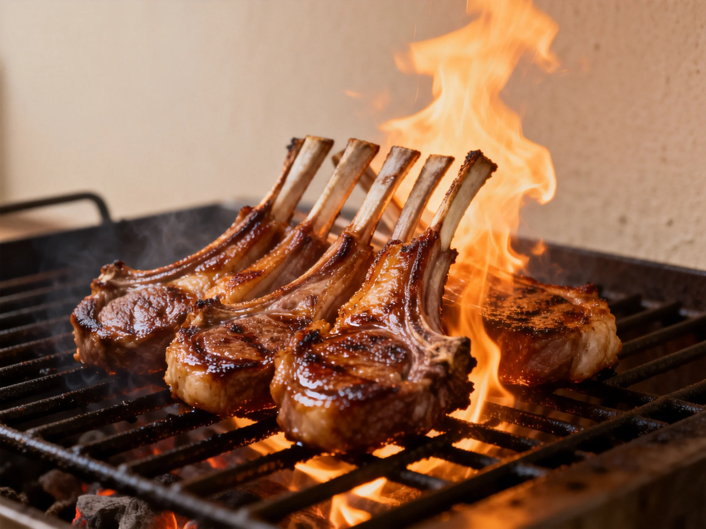 Five lamb chops sizzling over vibrant orange flames on a black grill