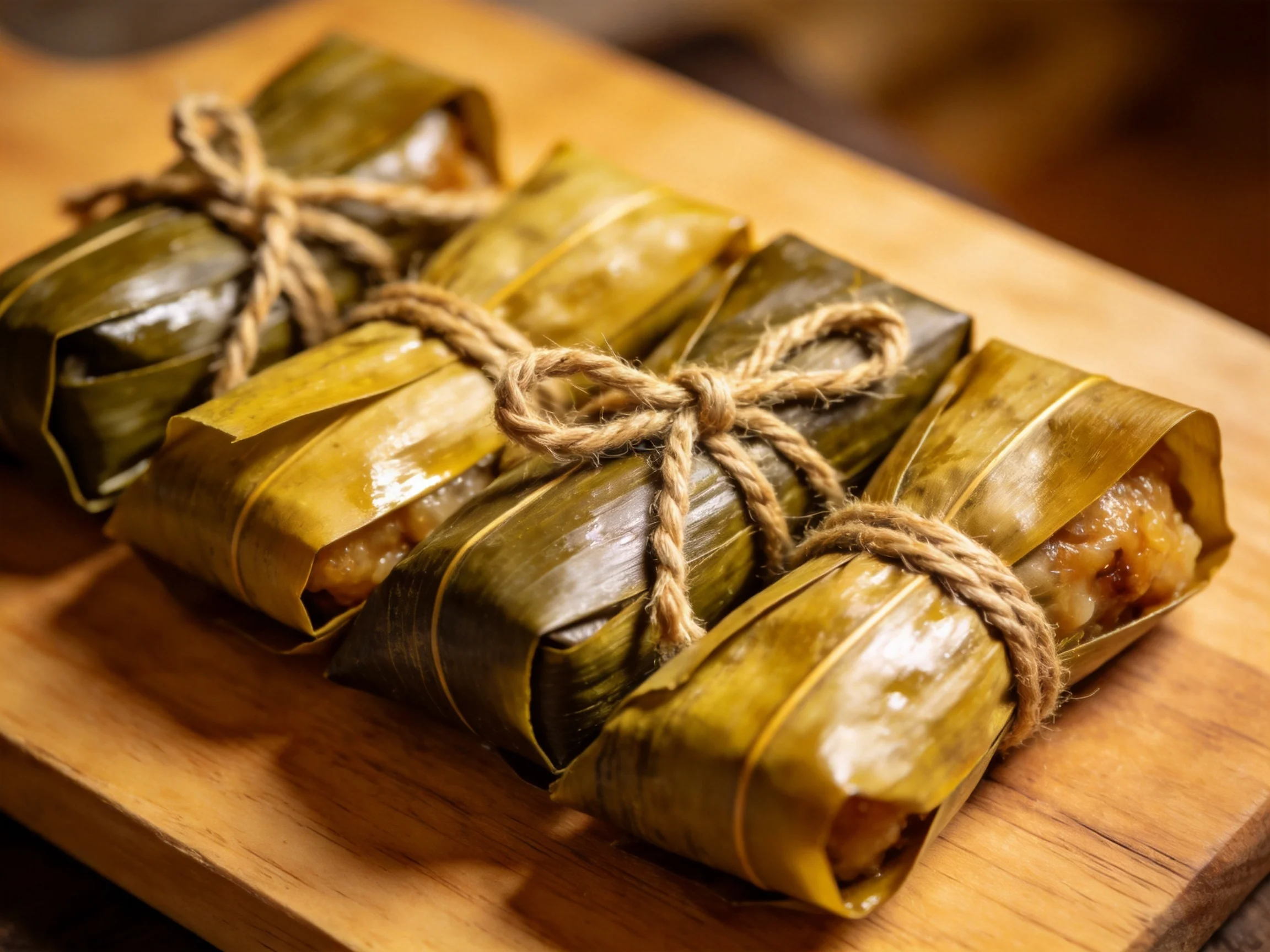 Five leaf-wrapped bundles tied with twine on a wooden surface
