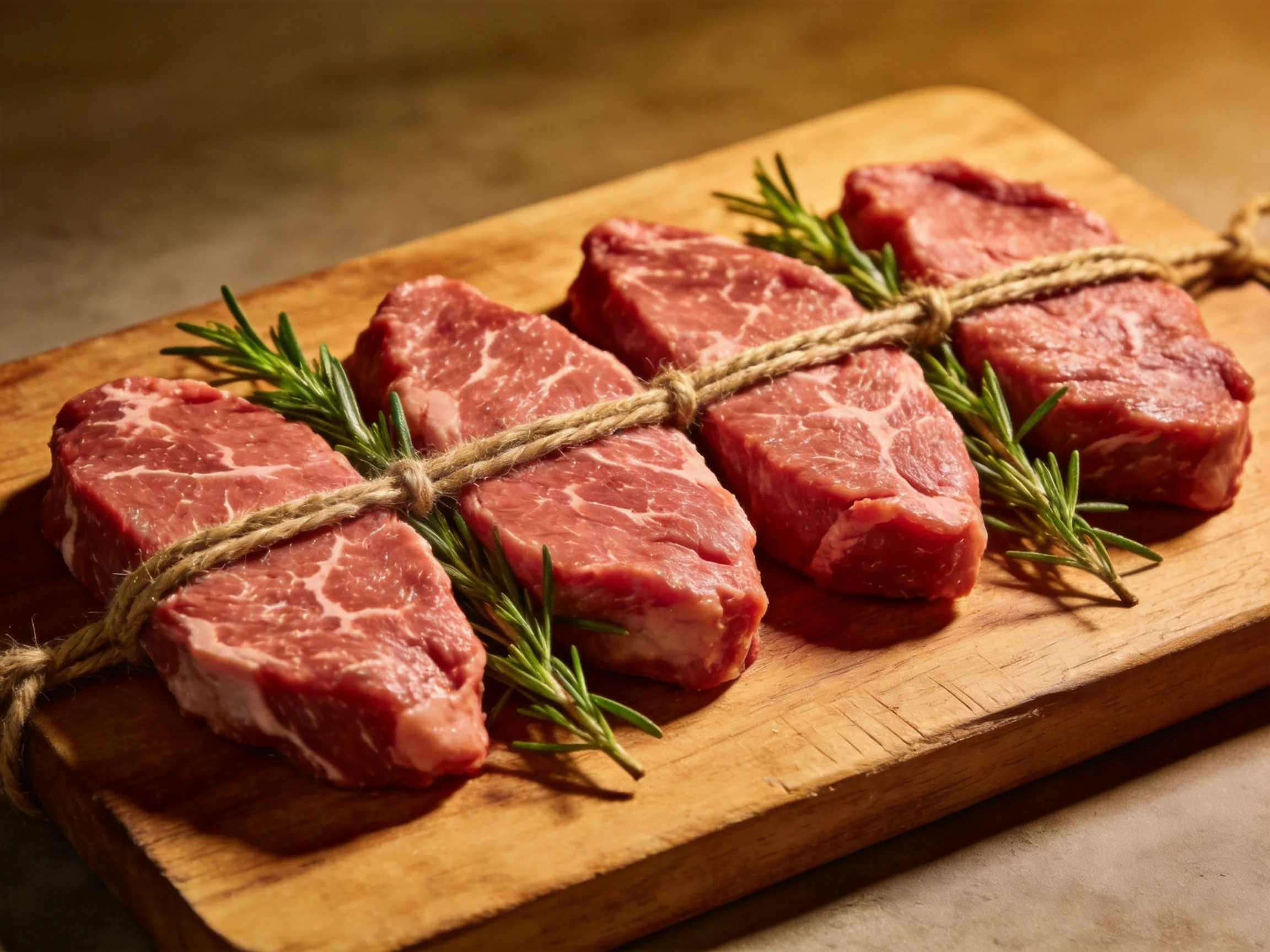 Five marbled beef steaks tied with twine on a wooden cutting board