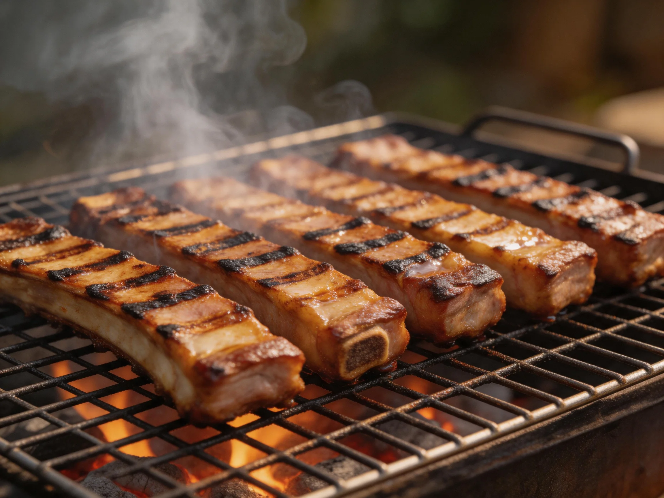 Five marinated pork ribs cooking over a flaming outdoor grill