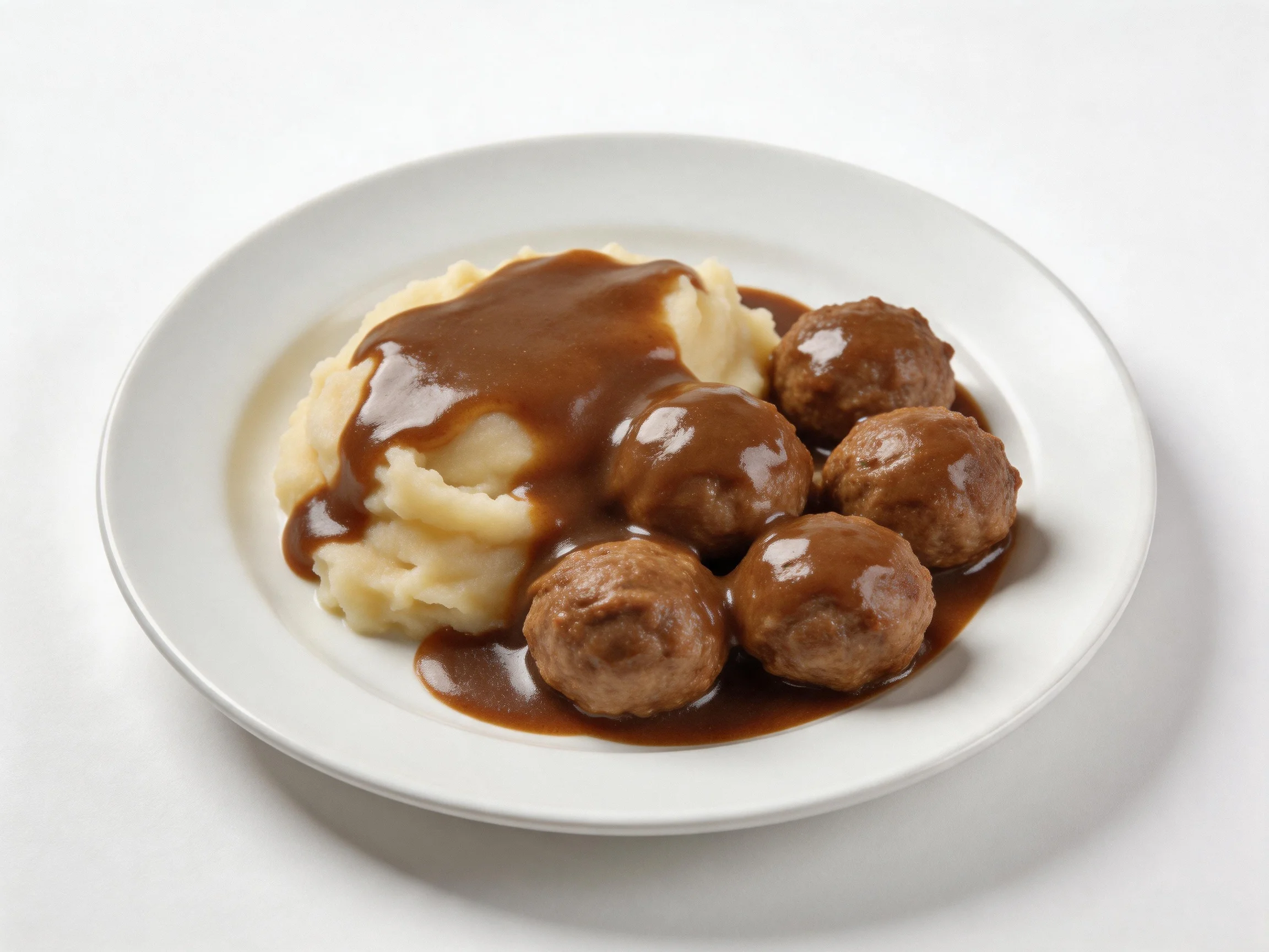 Five meatballs in brown gravy served with mashed potatoes on a white plate