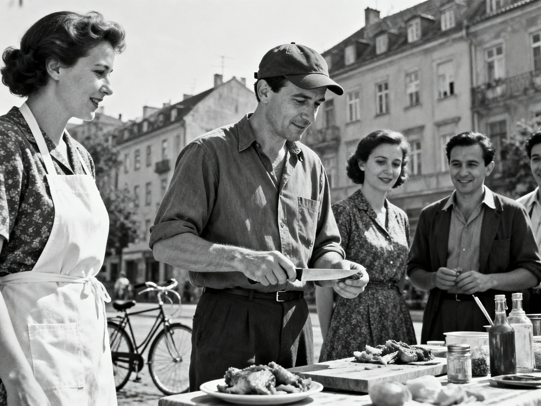 Five people gather around an outdoor food table near old buildings