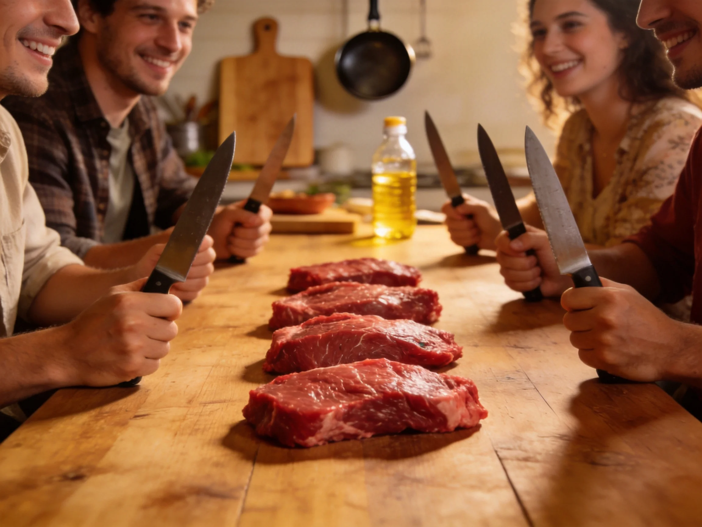 Five people hold knives beside five raw steaks on a wooden kitchen table