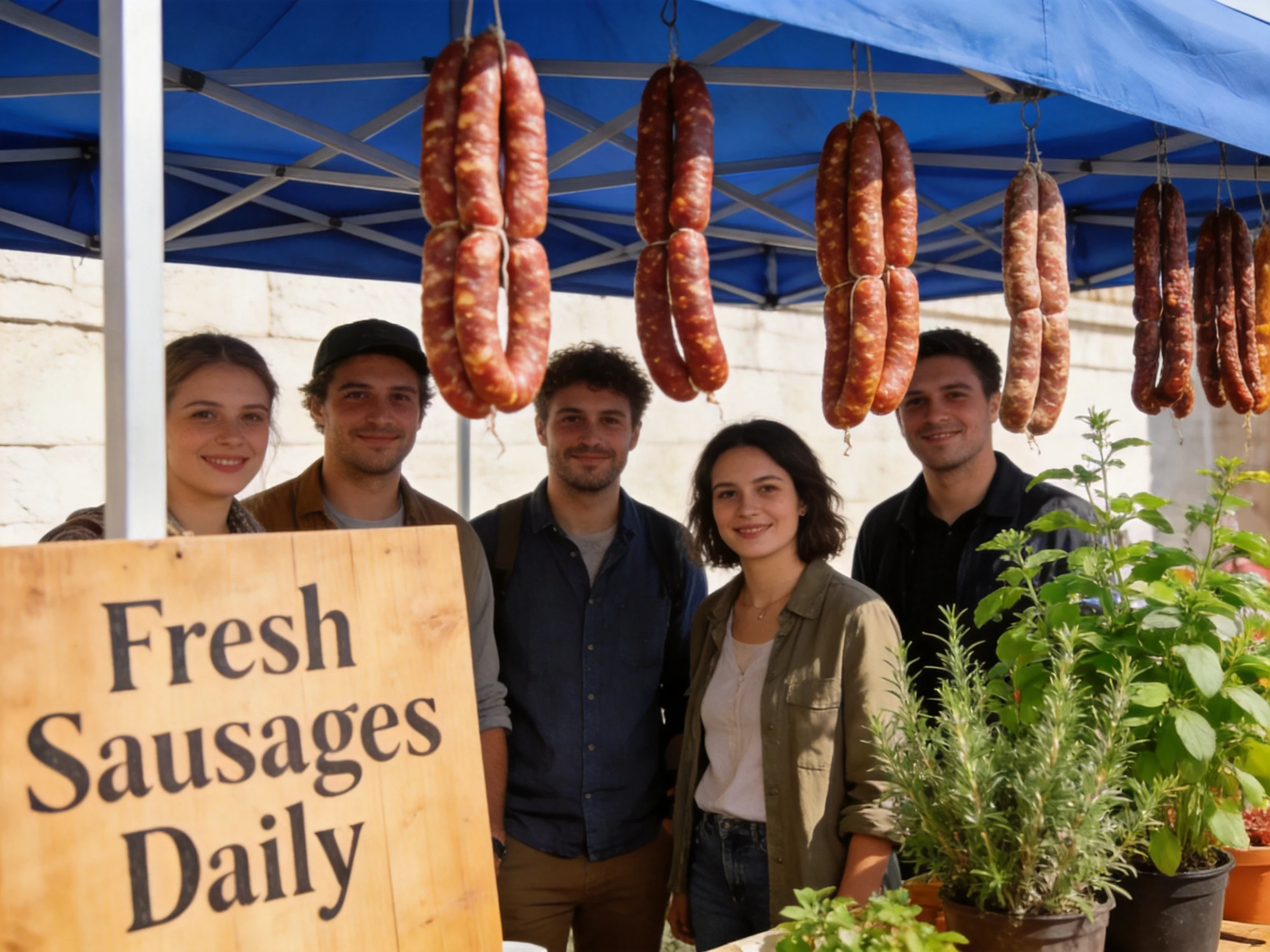 Five people stand beneath a blue canopy with hanging sausages near a wooden sign