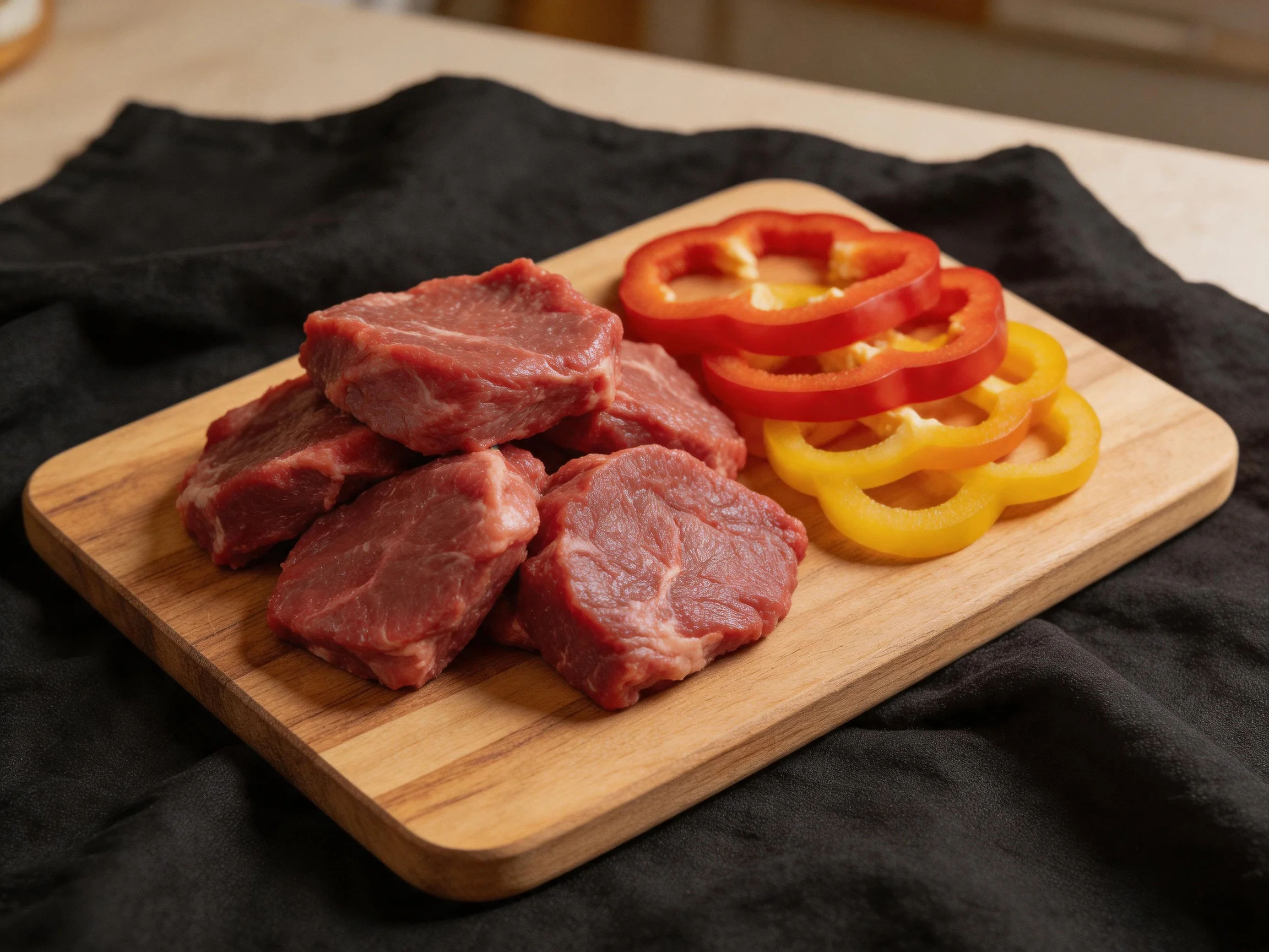Five pieces of raw beef with red and yellow bell peppers on a wooden cutting board