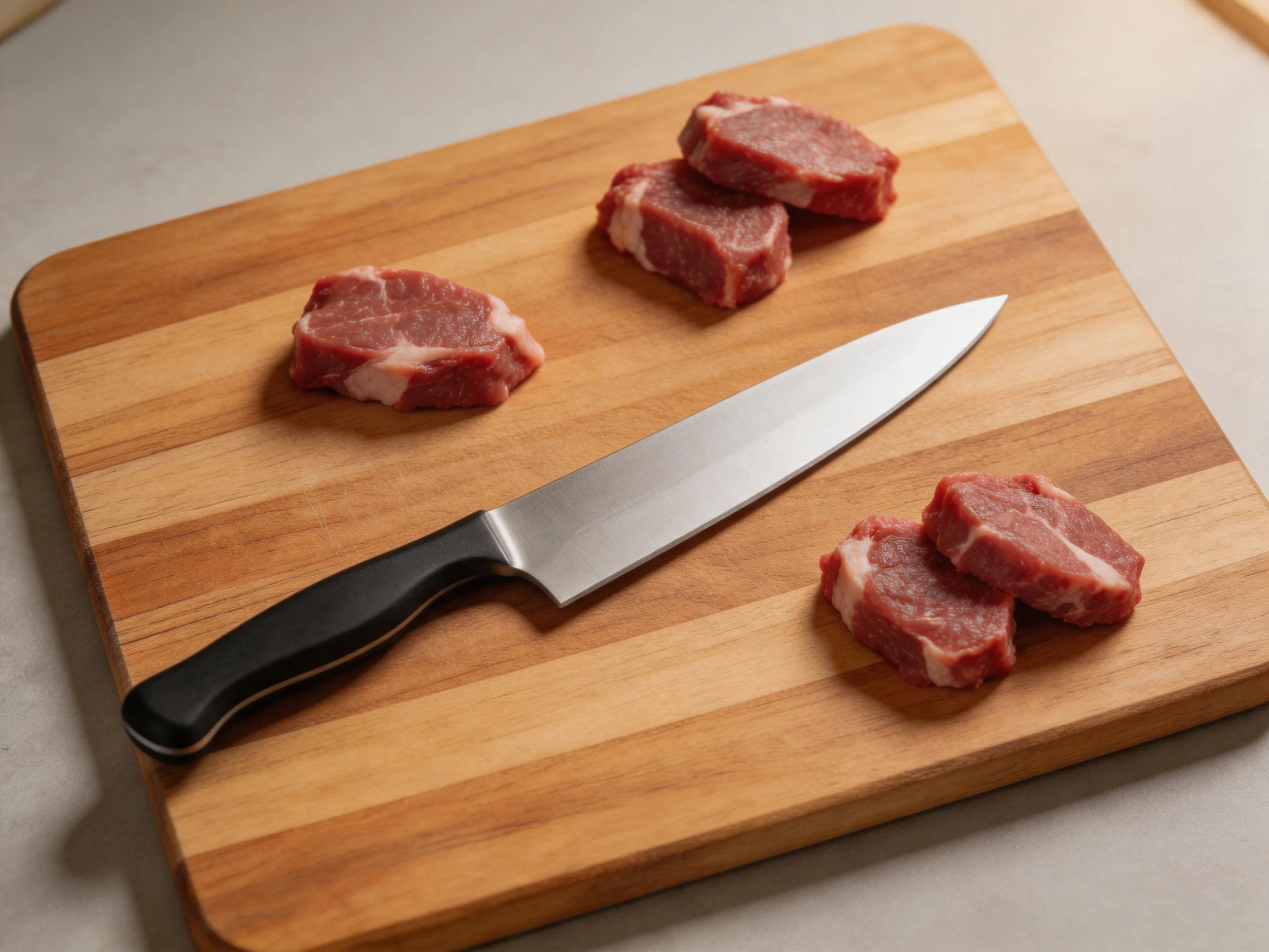 Five pieces of raw red meat on a striped wooden cutting board with a chefs knife
