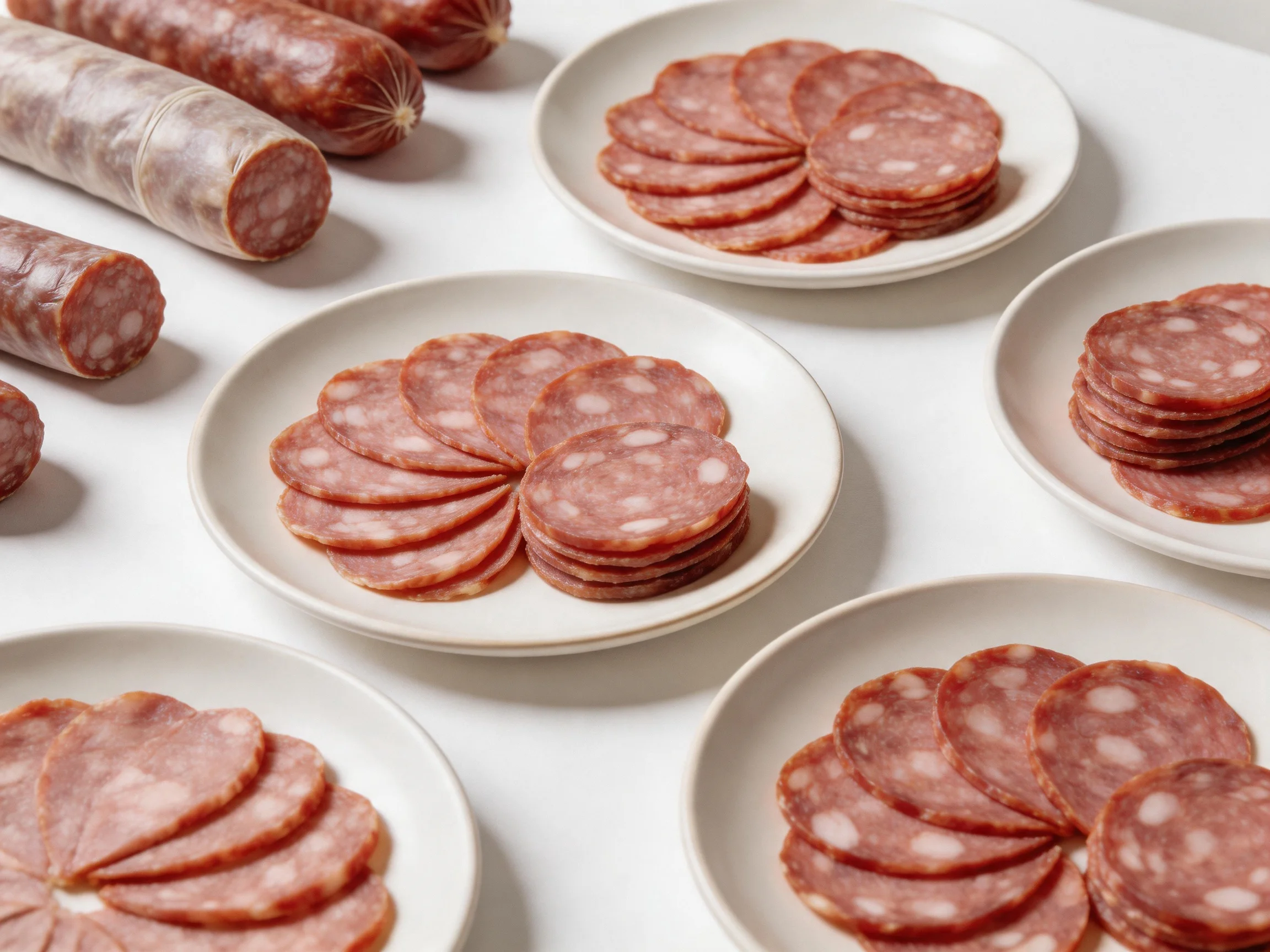 Five plates hold sliced reddish-brown salami with white fat spots