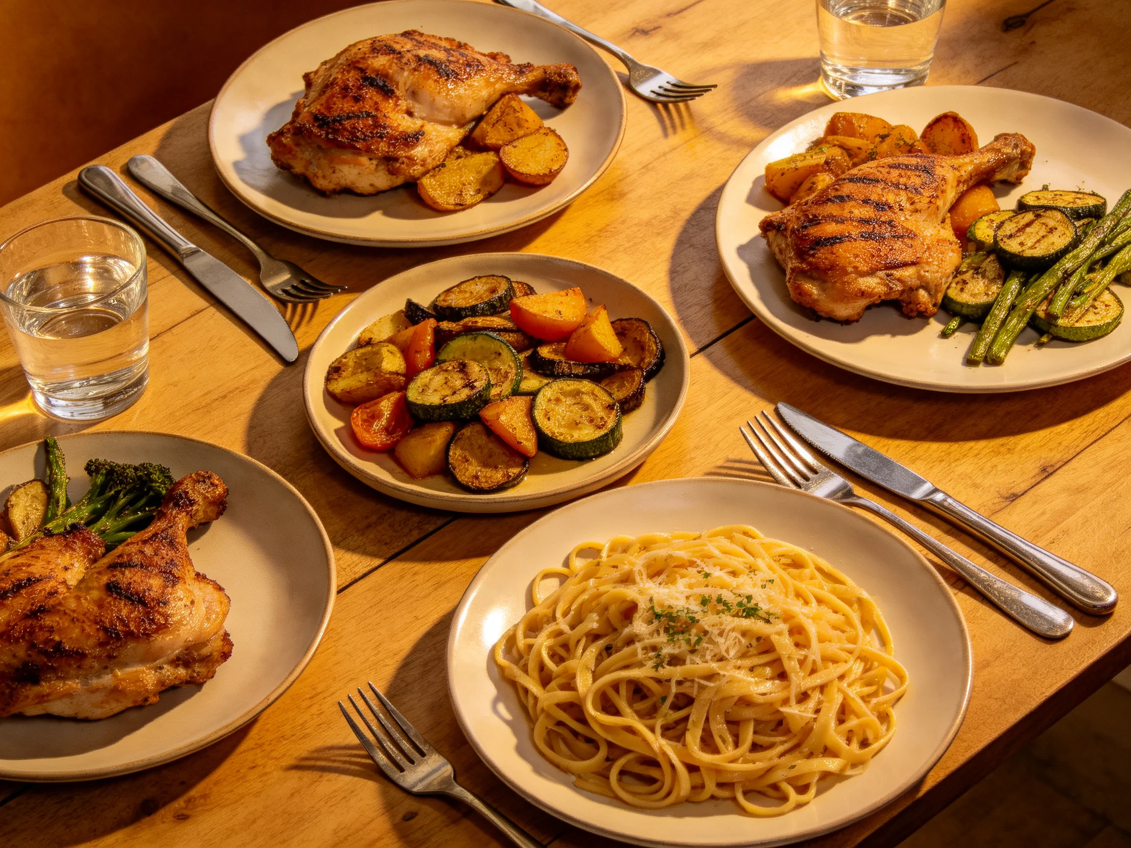 Five plates of grilled chicken, pasta, and roasted vegetables on a wooden table