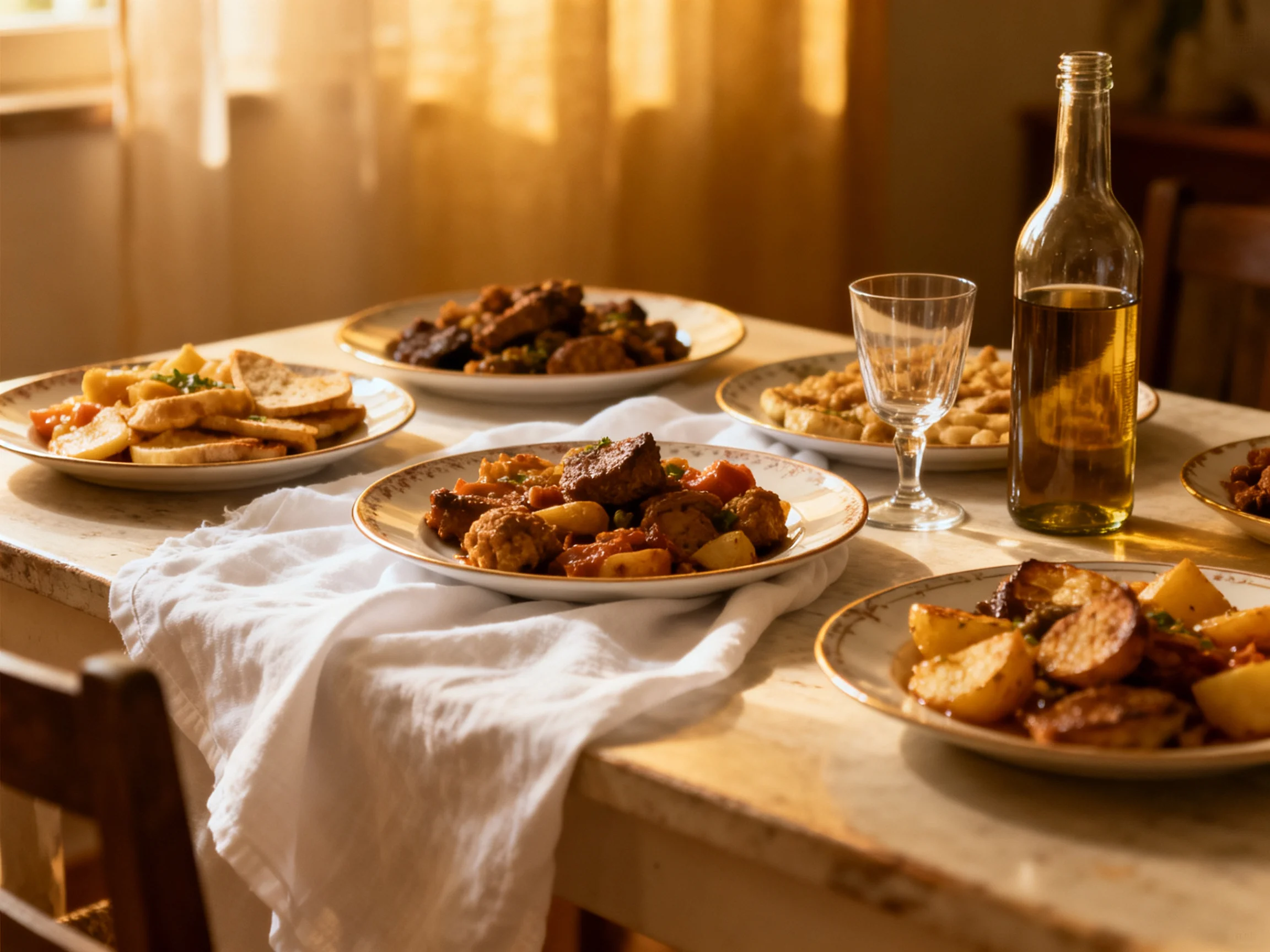 Five plates of savory dishes arranged on a wooden table with warm lighting