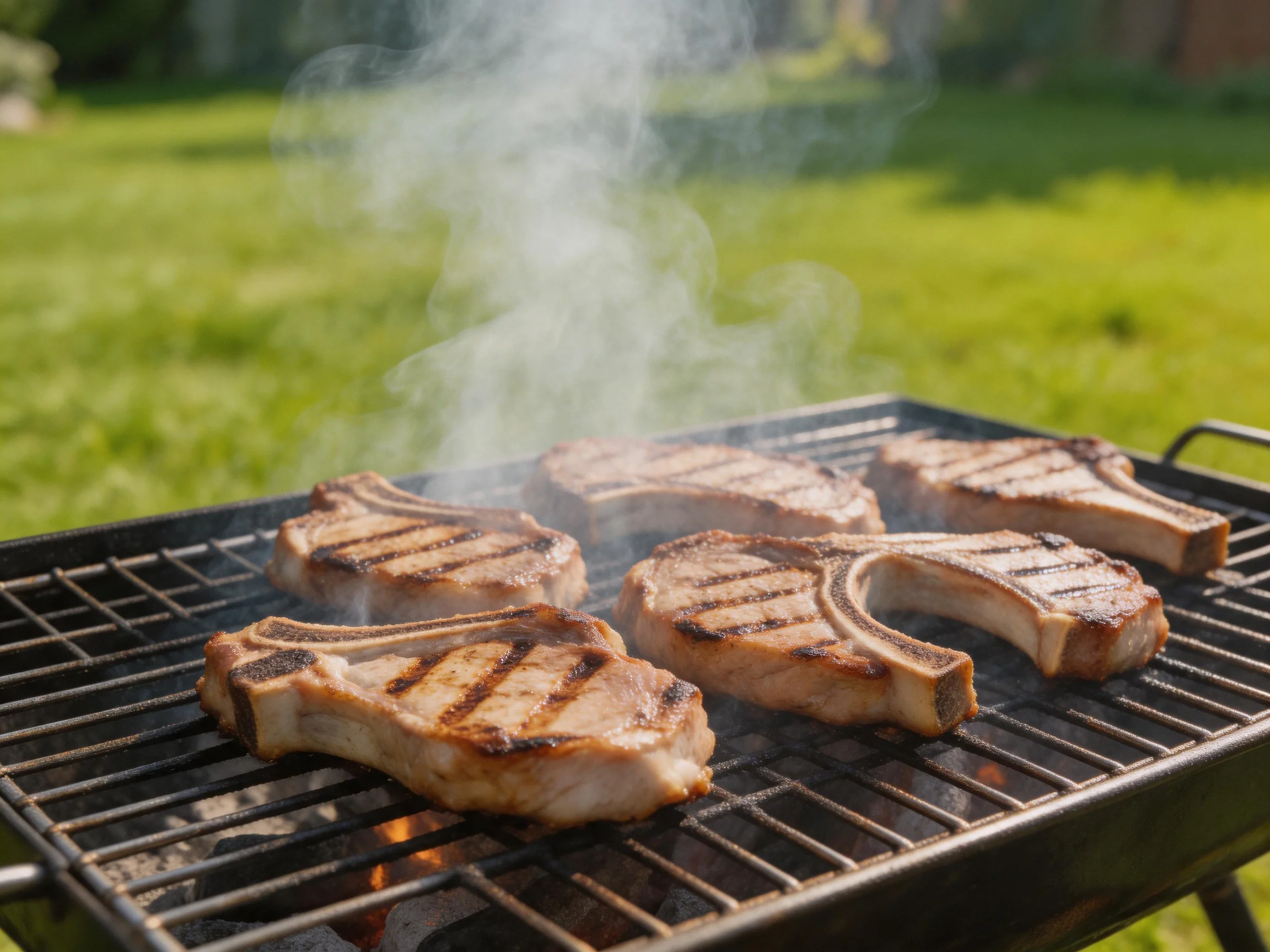 Five pork chops grilling on a black charcoal barbecue