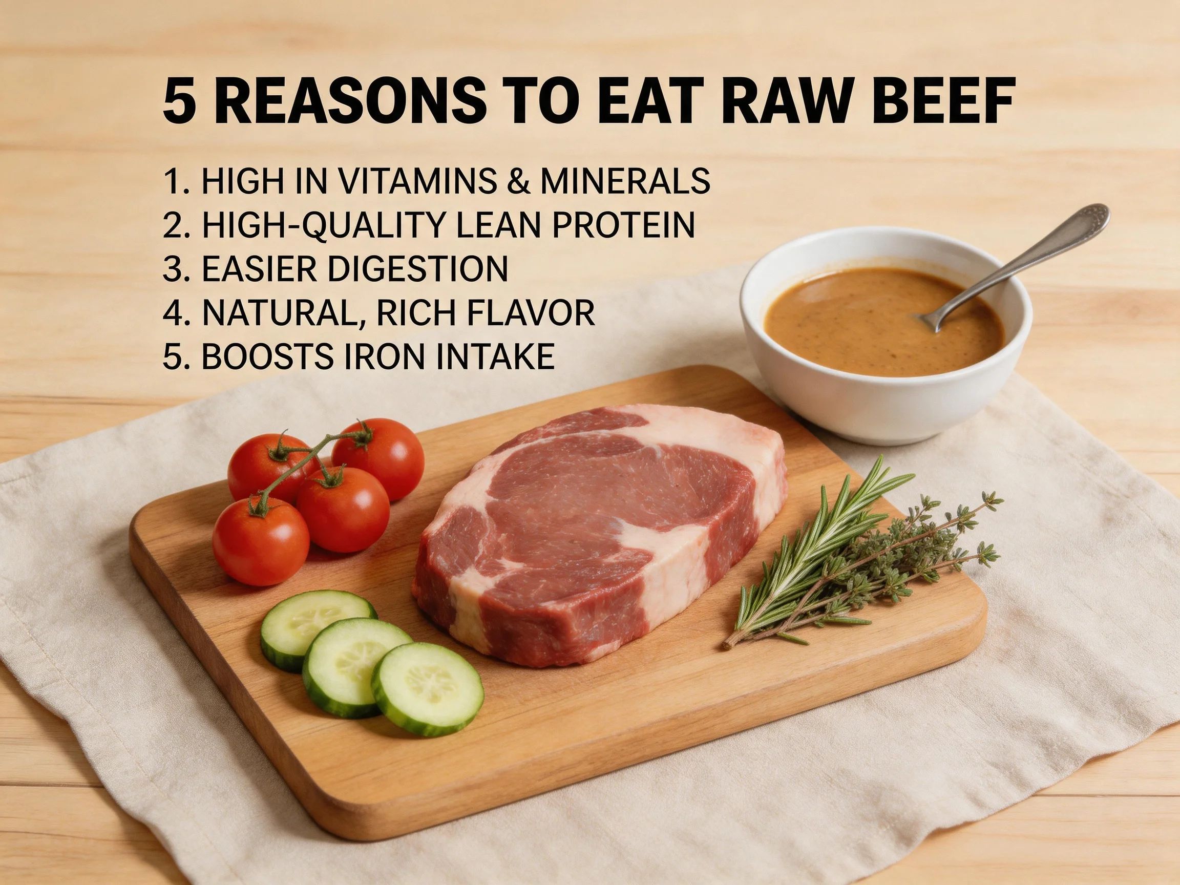 Five reasons to eat raw beef displayed with fresh produce and sauce