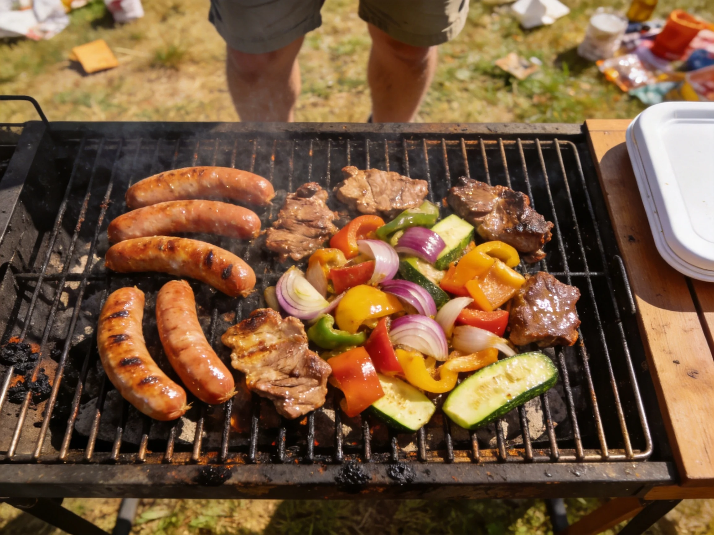 Five sausages and assorted grilled meats grill with colorful vegetables outdoors