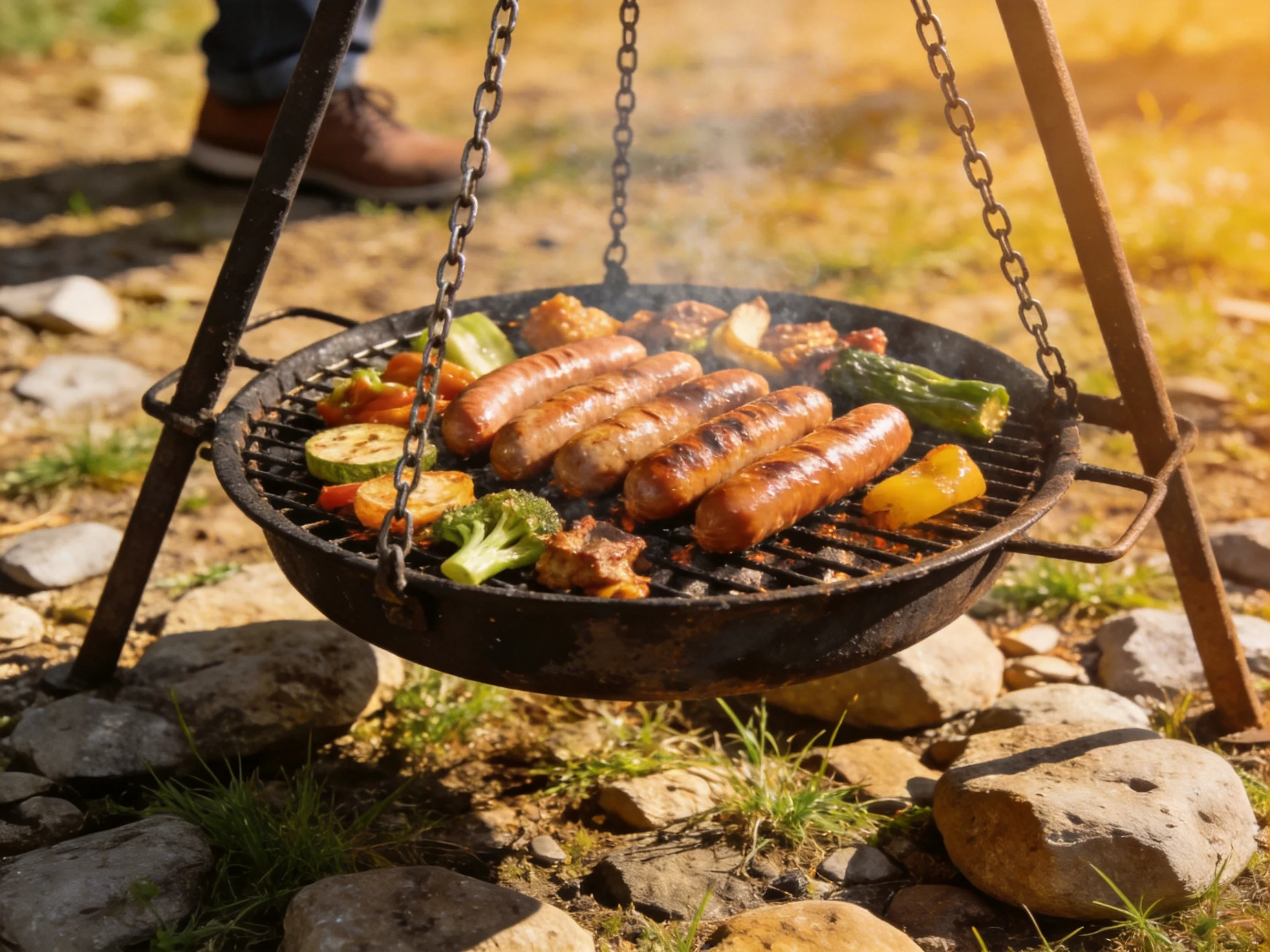 Five sausages and assorted vegetables barbecue on an open charcoal grill outdoors.