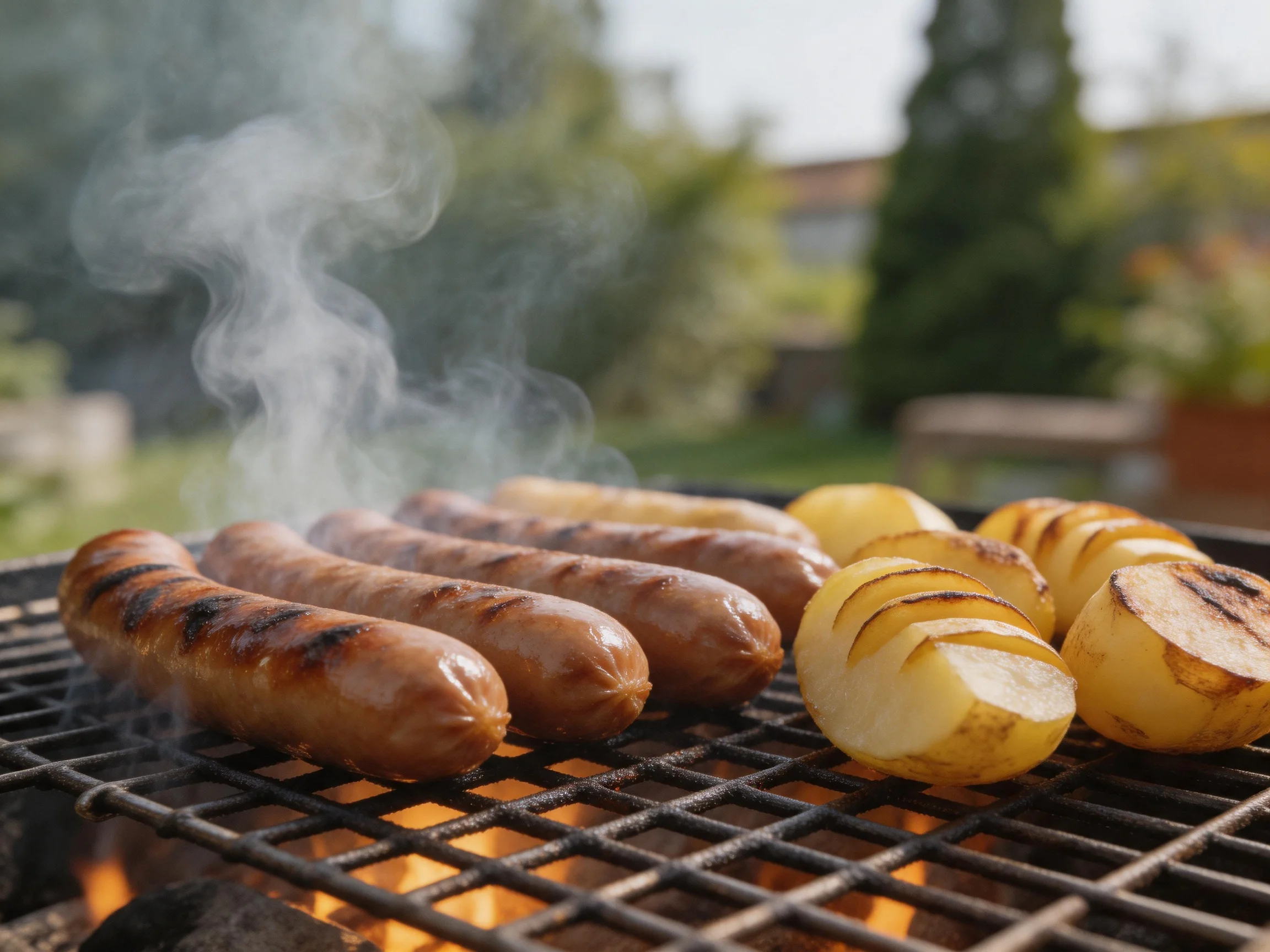 Five sausages and potato slices grilling over an outdoor charcoal fire