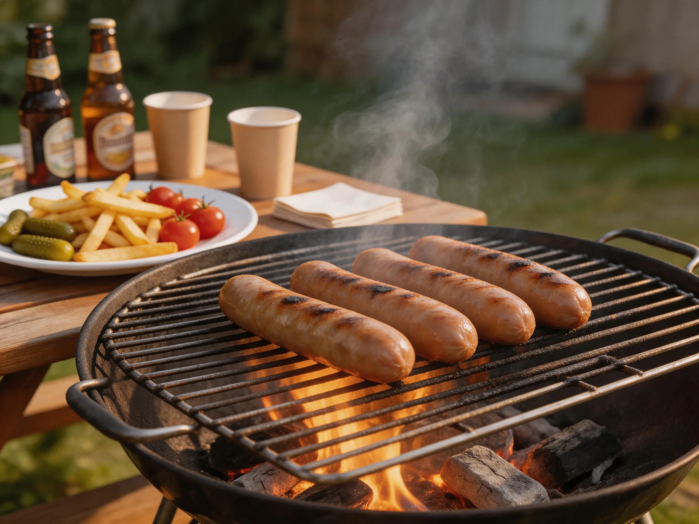 Five sausages grill over charcoal near a wooden snack table