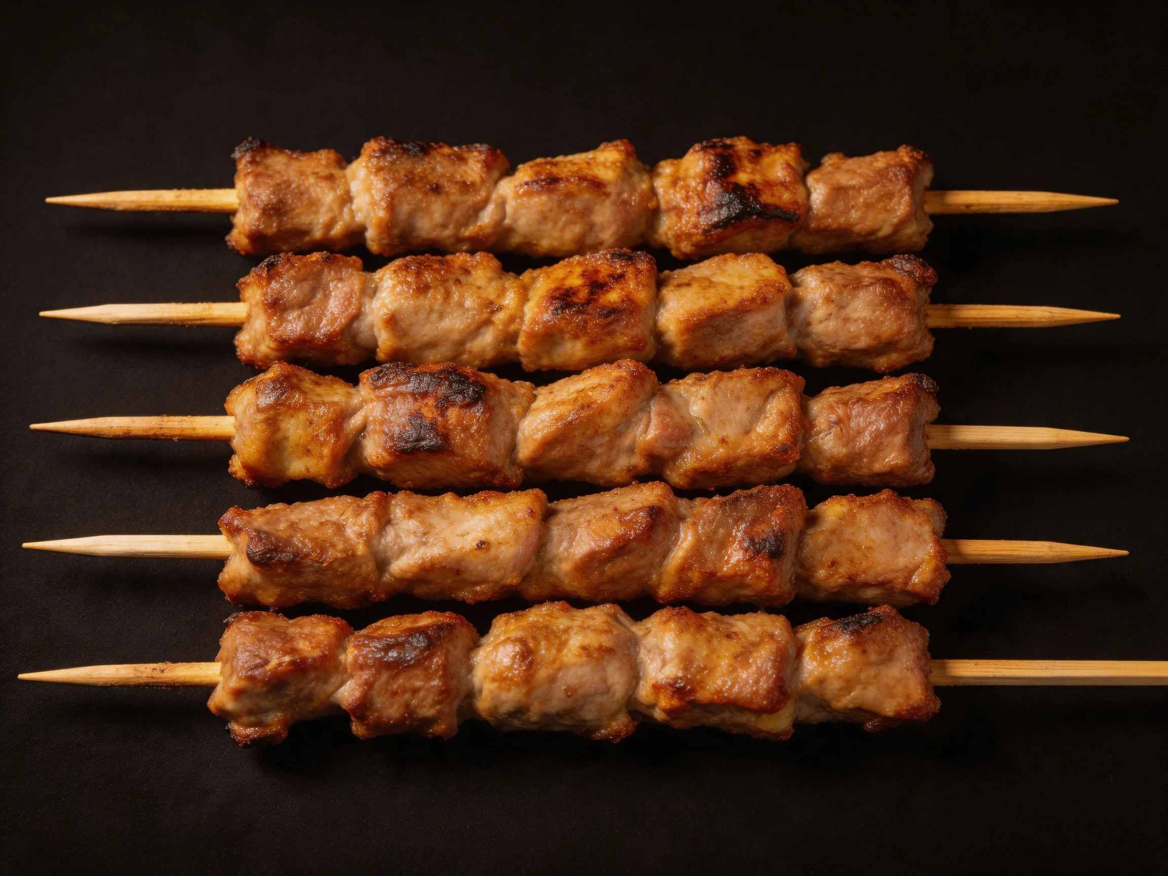 Five skewers of golden-brown grilled meat arranged in rows on a dark surface
