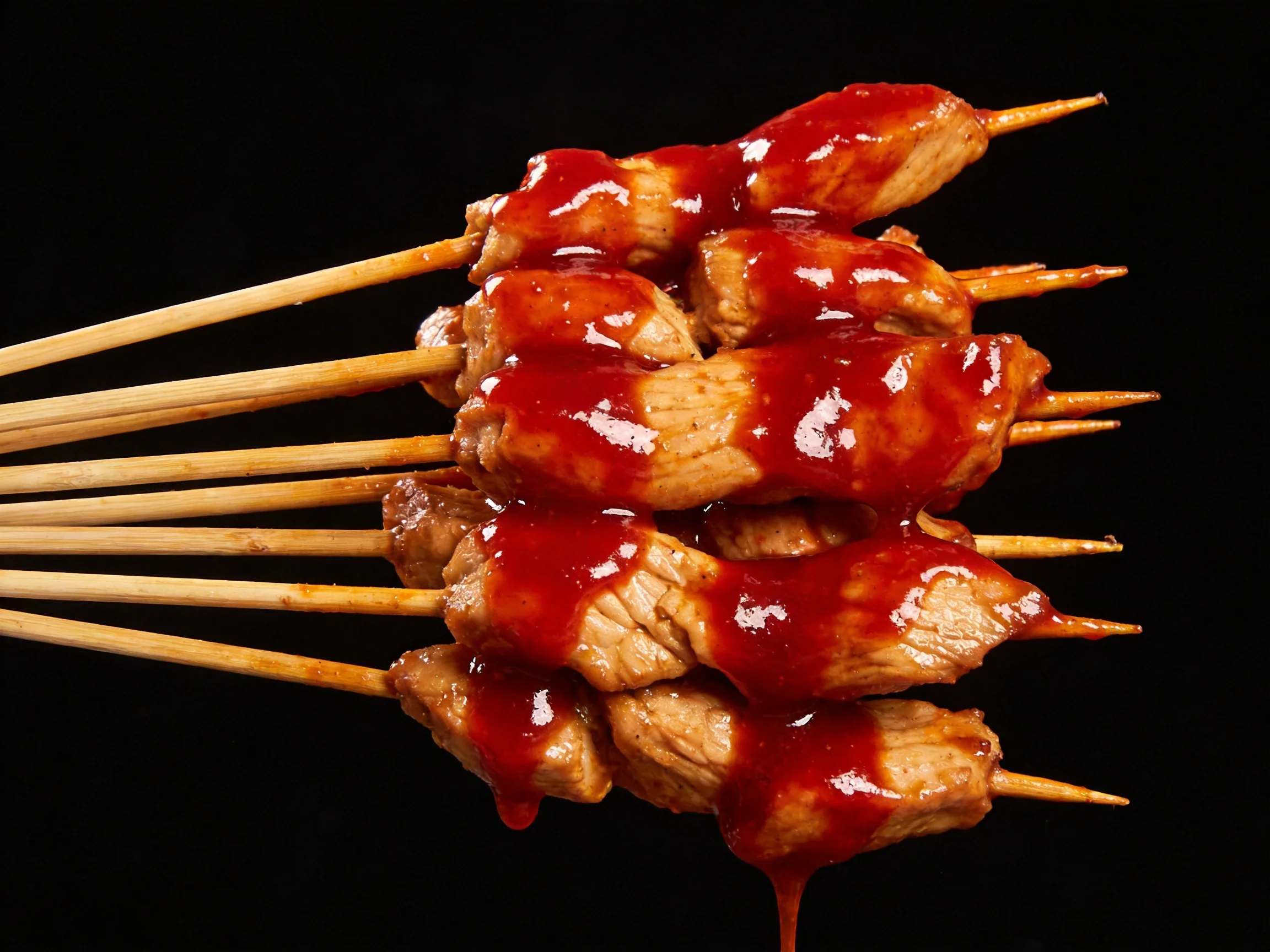 Five skewers of grilled meat coated in glossy red sauce