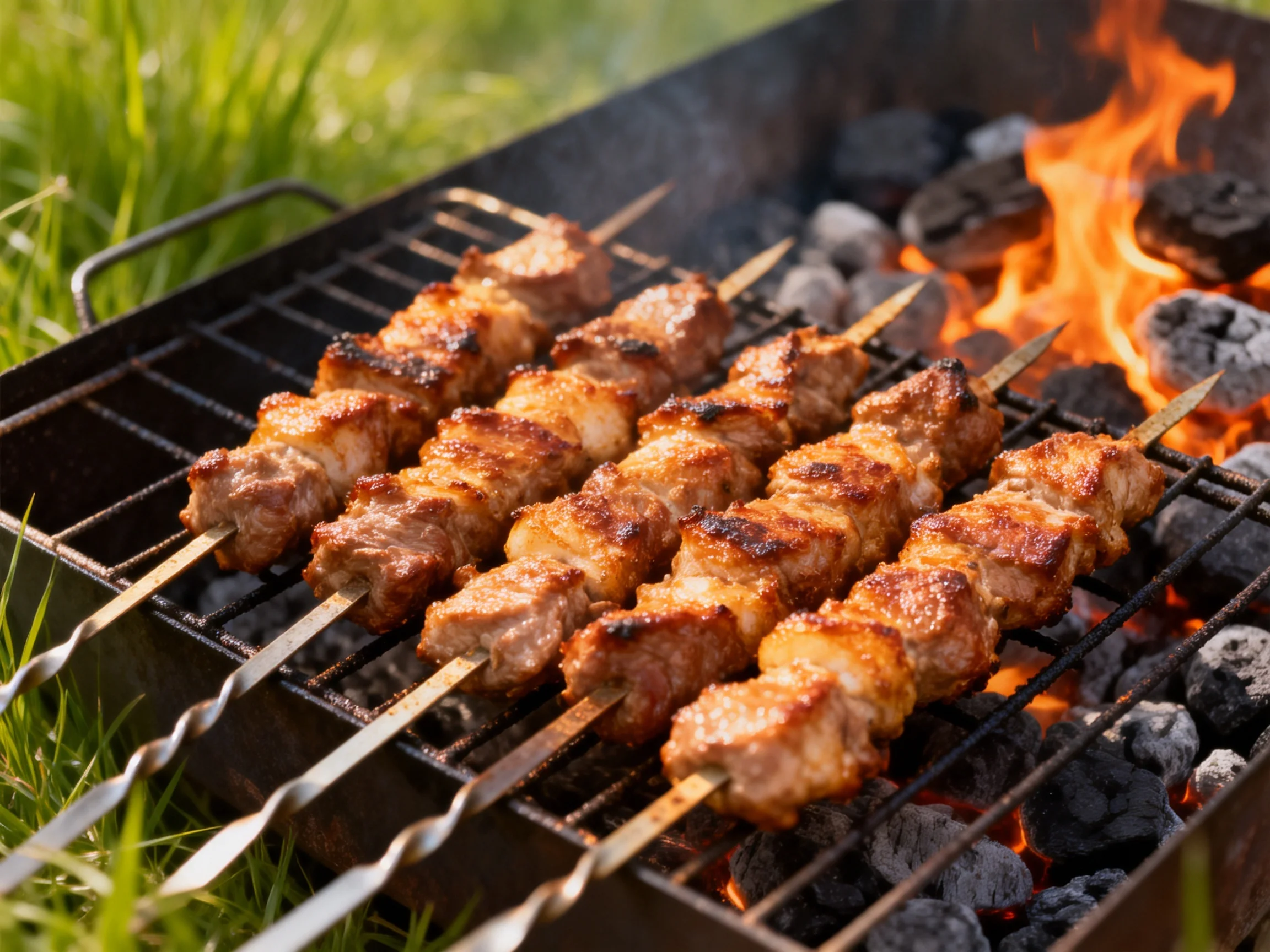 Five skewers of grilled meat sizzle over glowing charcoal flames