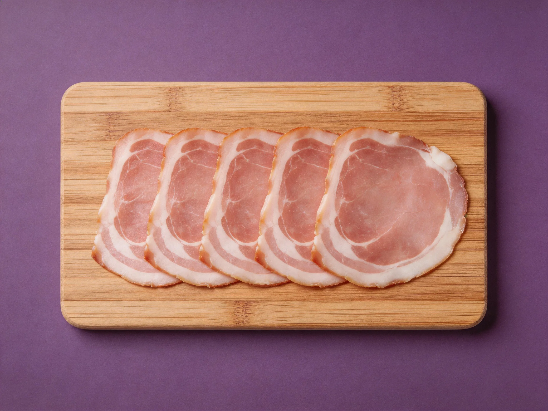 Five slices of cured ham on a bamboo cutting board with a purple backdrop