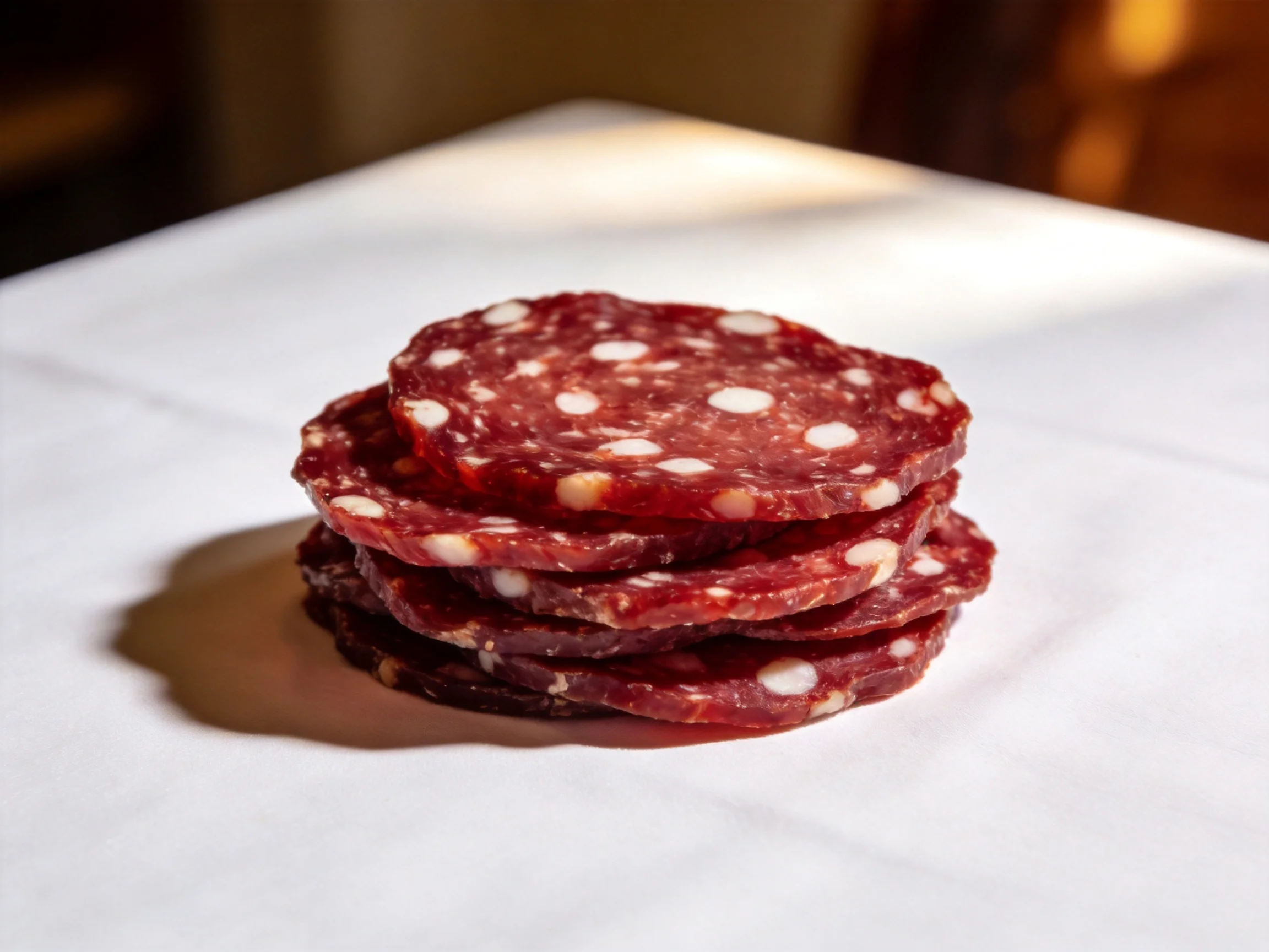 Five slices of maroon salami with white flecks stacked on a white surface