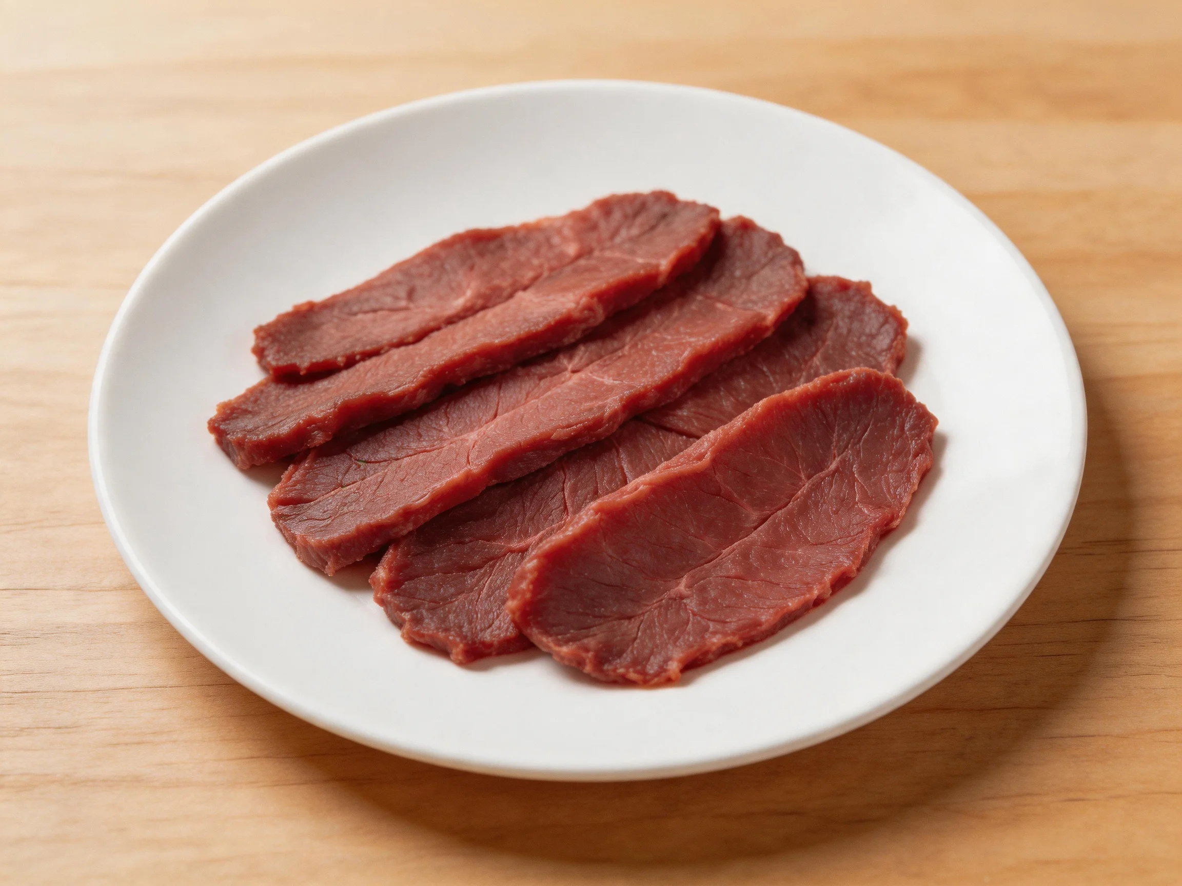 Five slices of raw red beef on a white plate