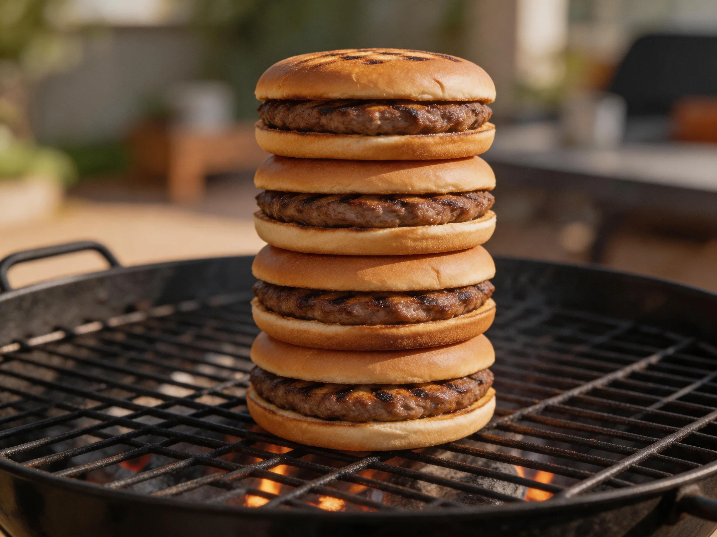 Five stacked hamburgers grilling on an outdoor charcoal barbecue