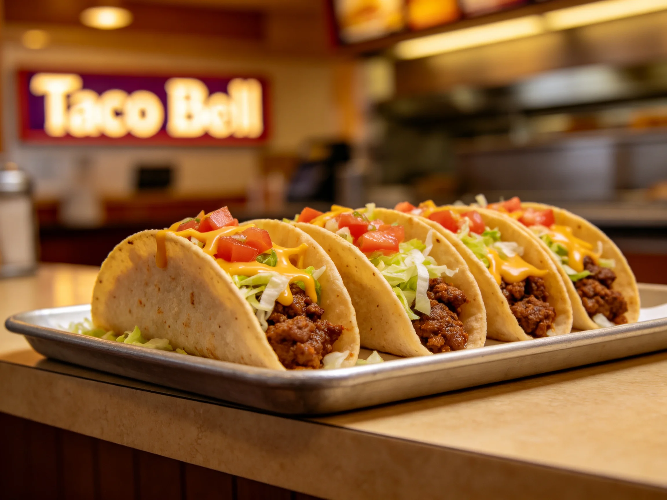 Five tacos with toppings on a metal tray at Taco Bell