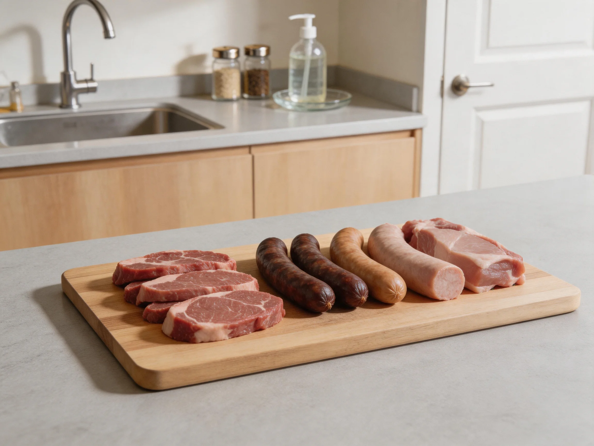 Five types of raw meat arranged on a wooden cutting board in a modern kitchen