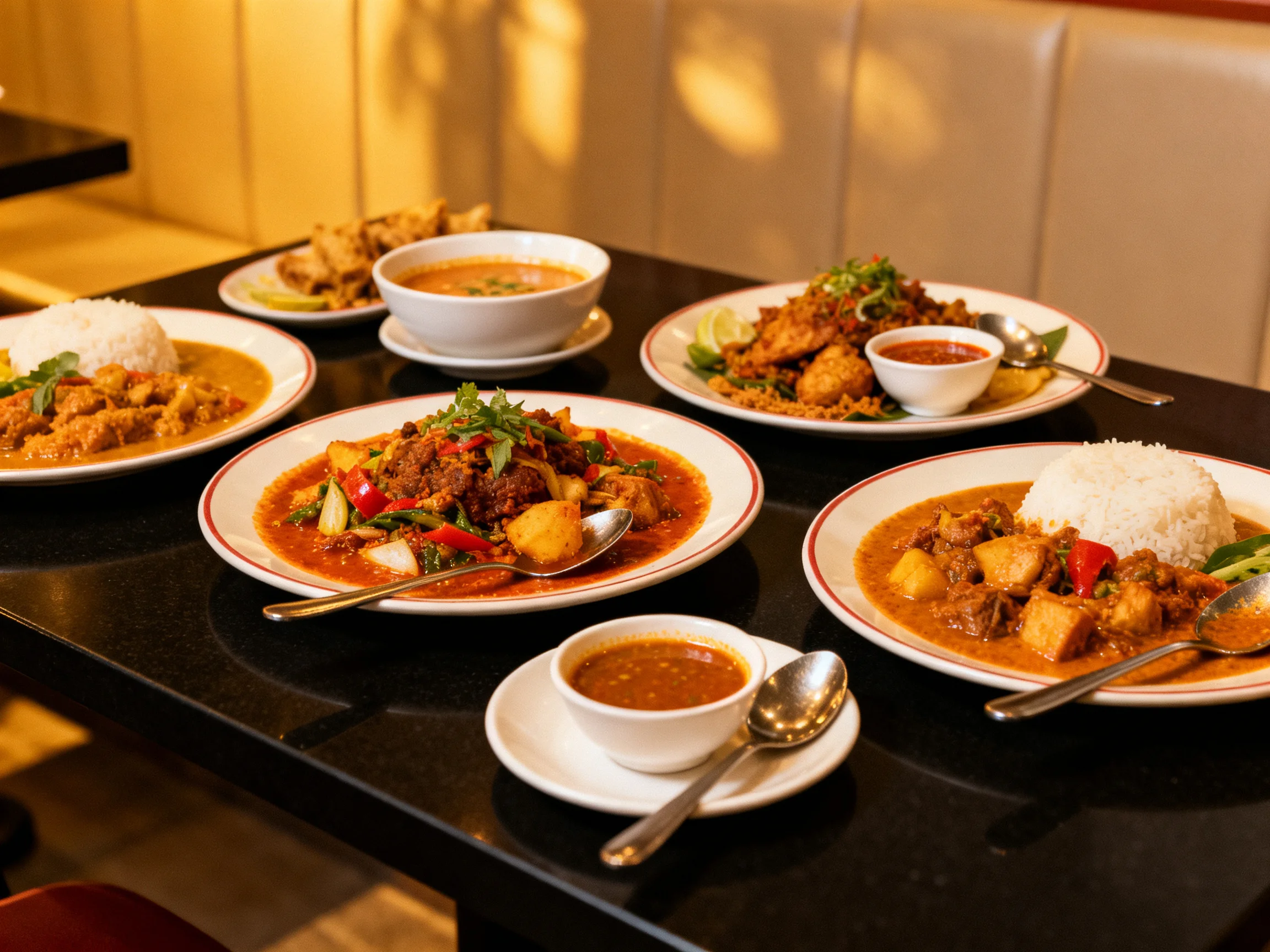 Five vibrant curry dishes served with rice on a glossy table