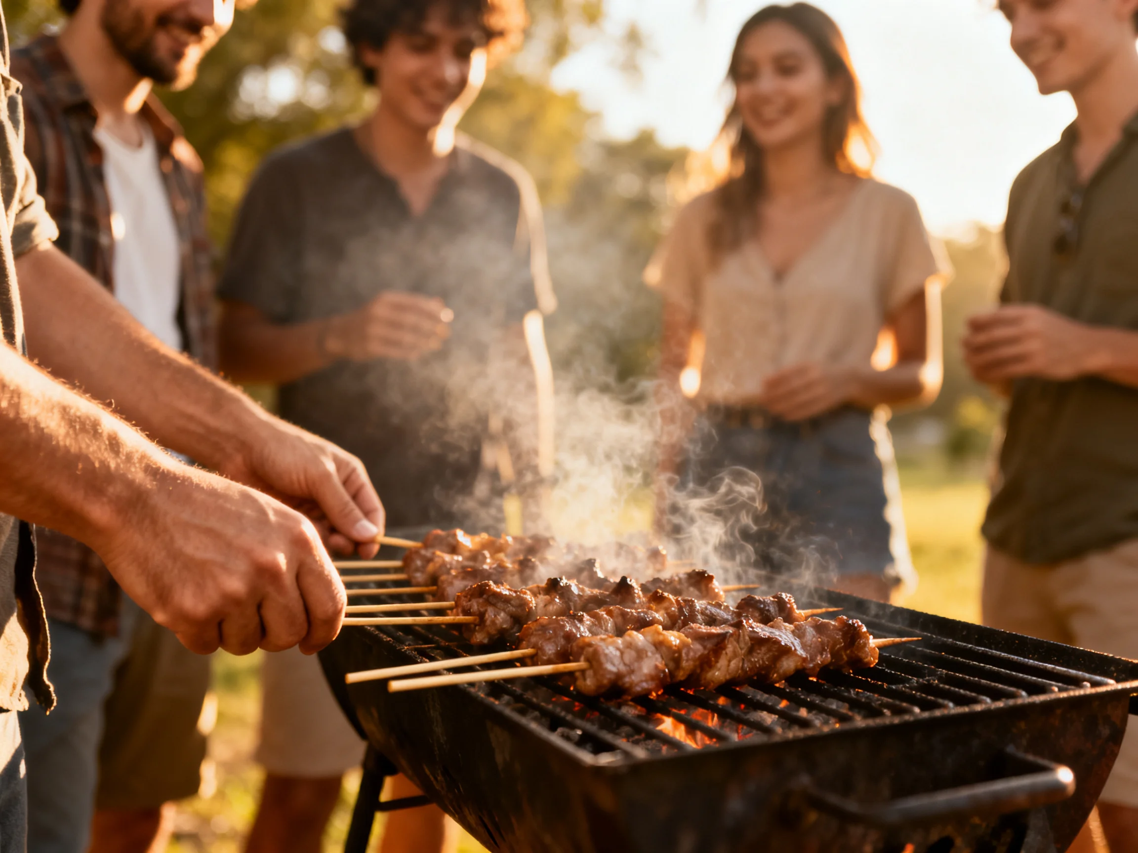 Fivefriends grilling meat skewers over an open charcoal grill