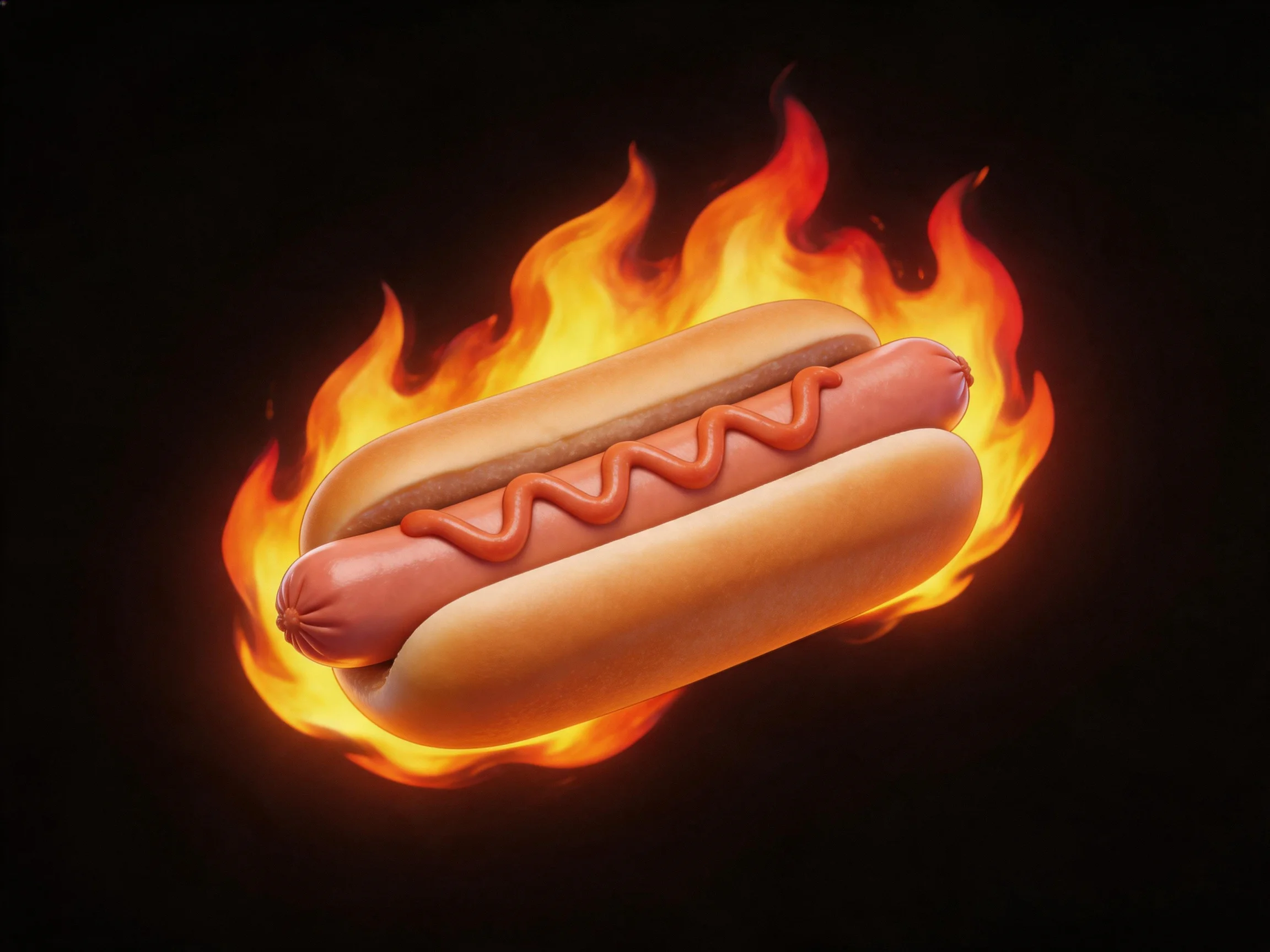 Flaming hot dog with ketchup in a bun against a black background