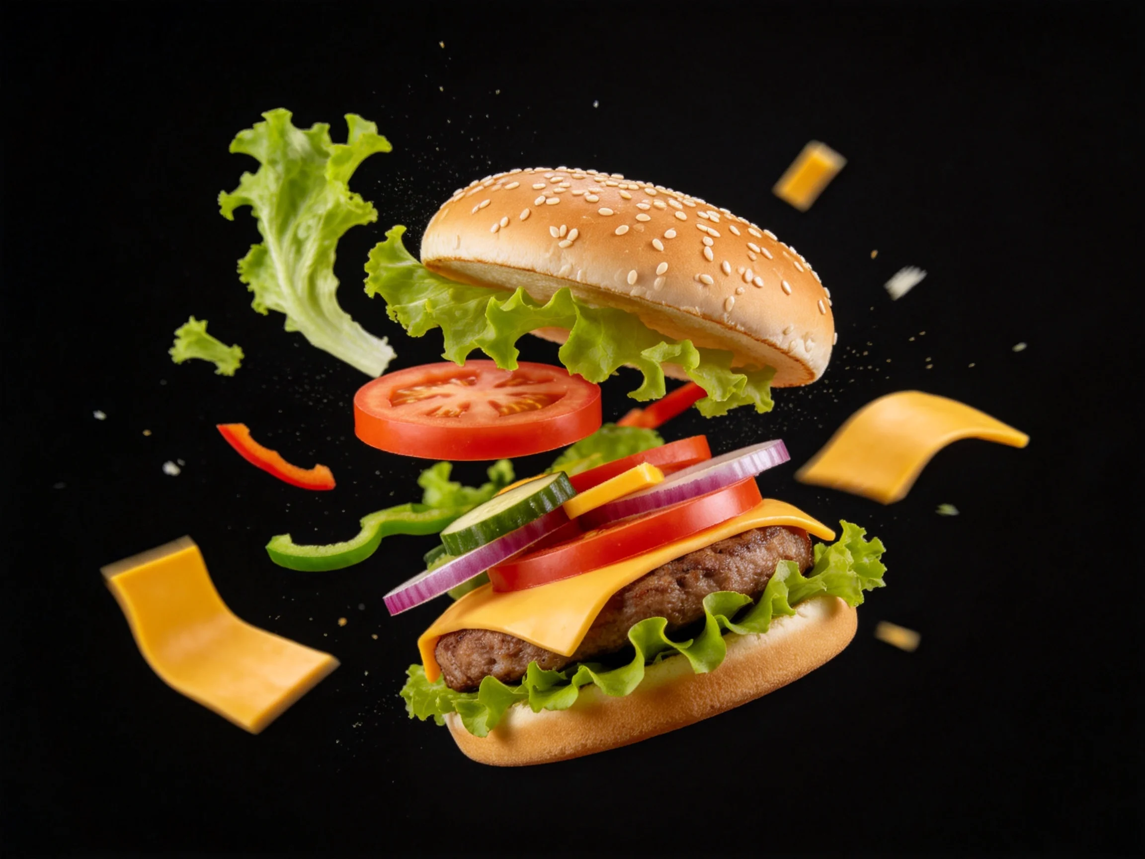 Flying fresh vegetables and cheese surround a sesame seed burger