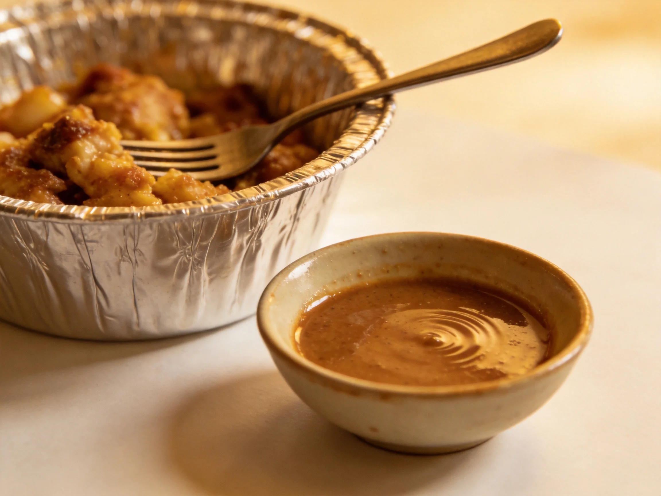 Foil container of golden fried food beside a brown sauce bowl