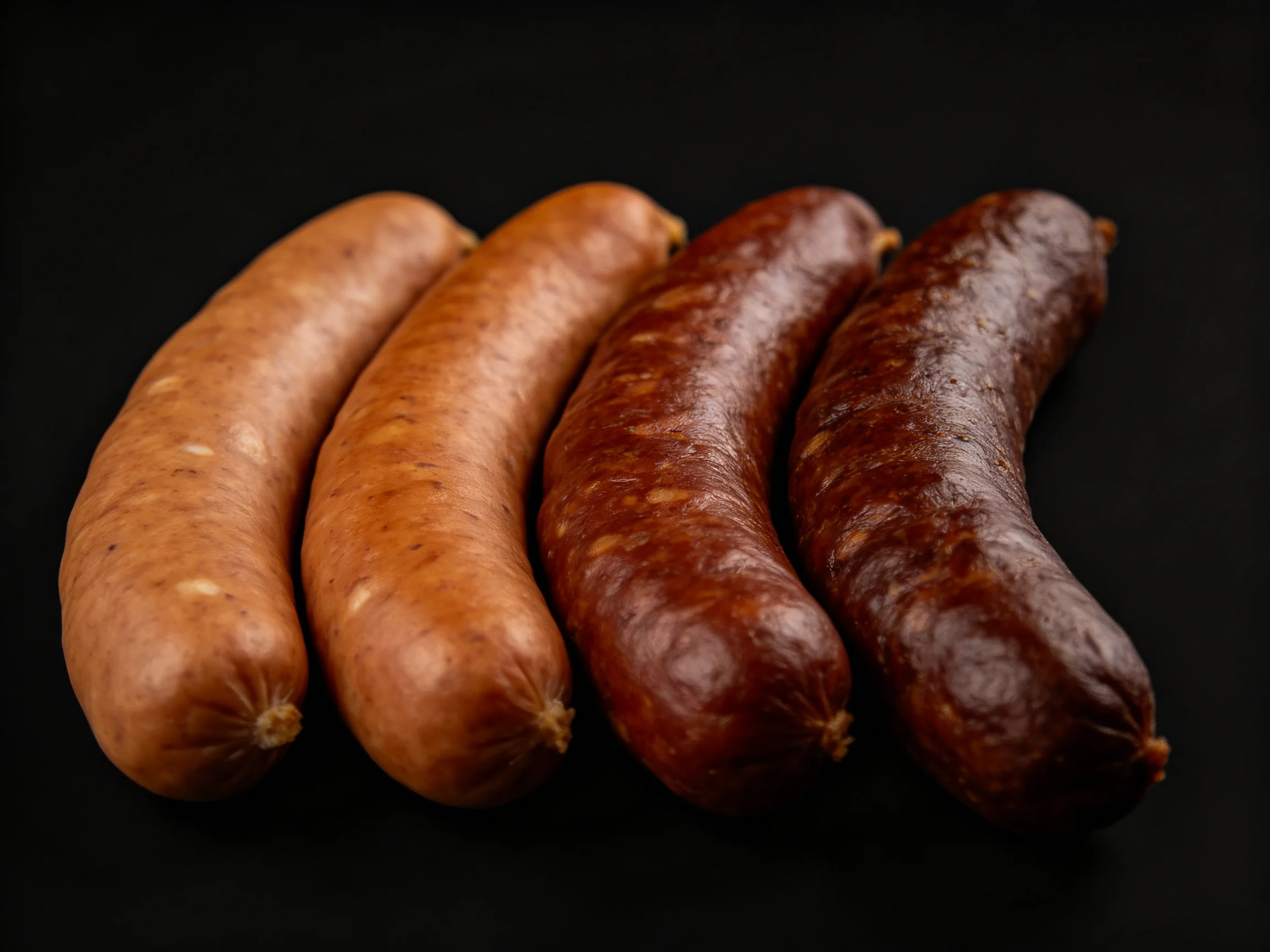 Four assortedbrown smoked sausages displayed on a black background