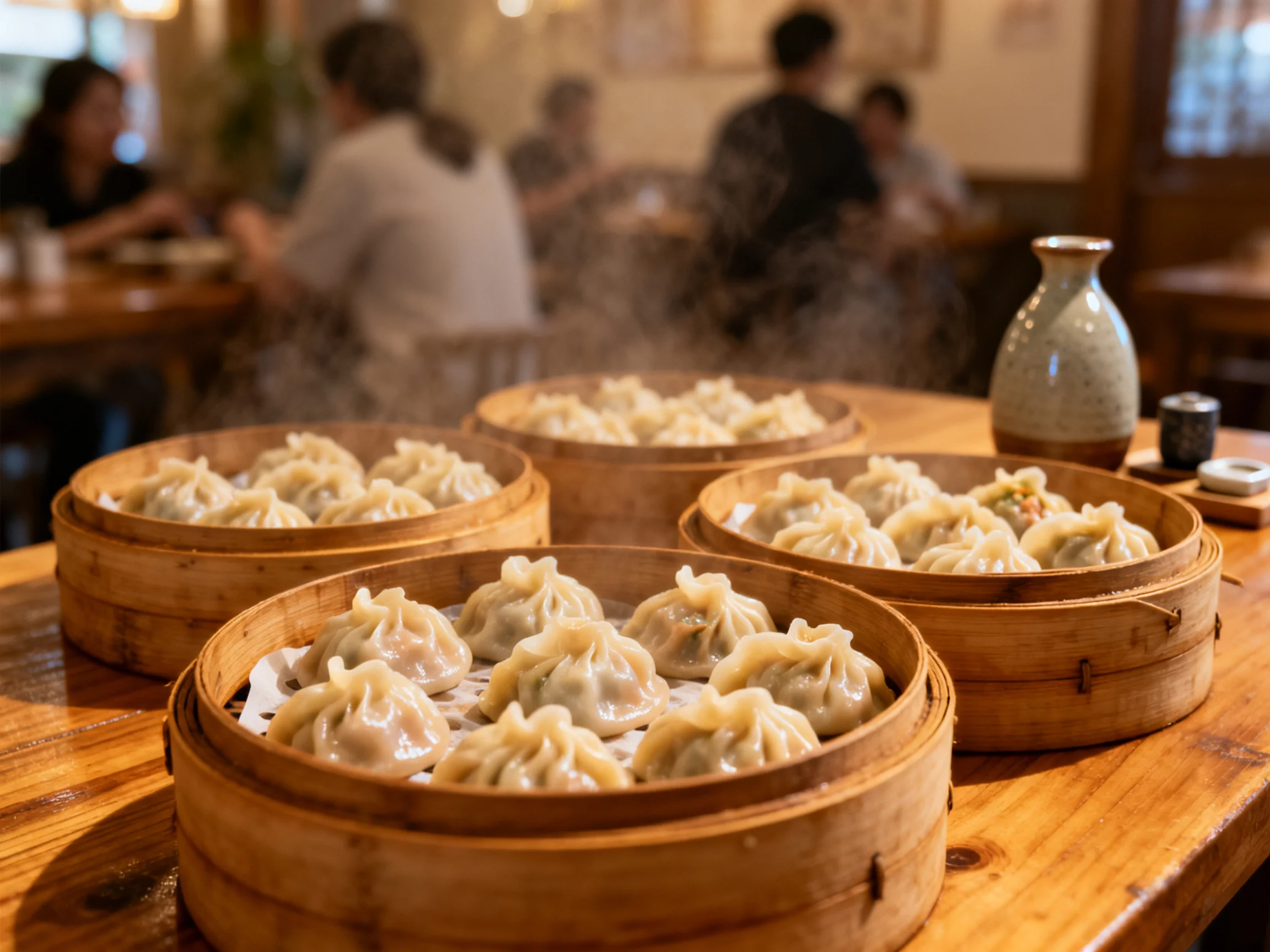 Four bamboo steamers filled with steaming dumplings on a wooden table