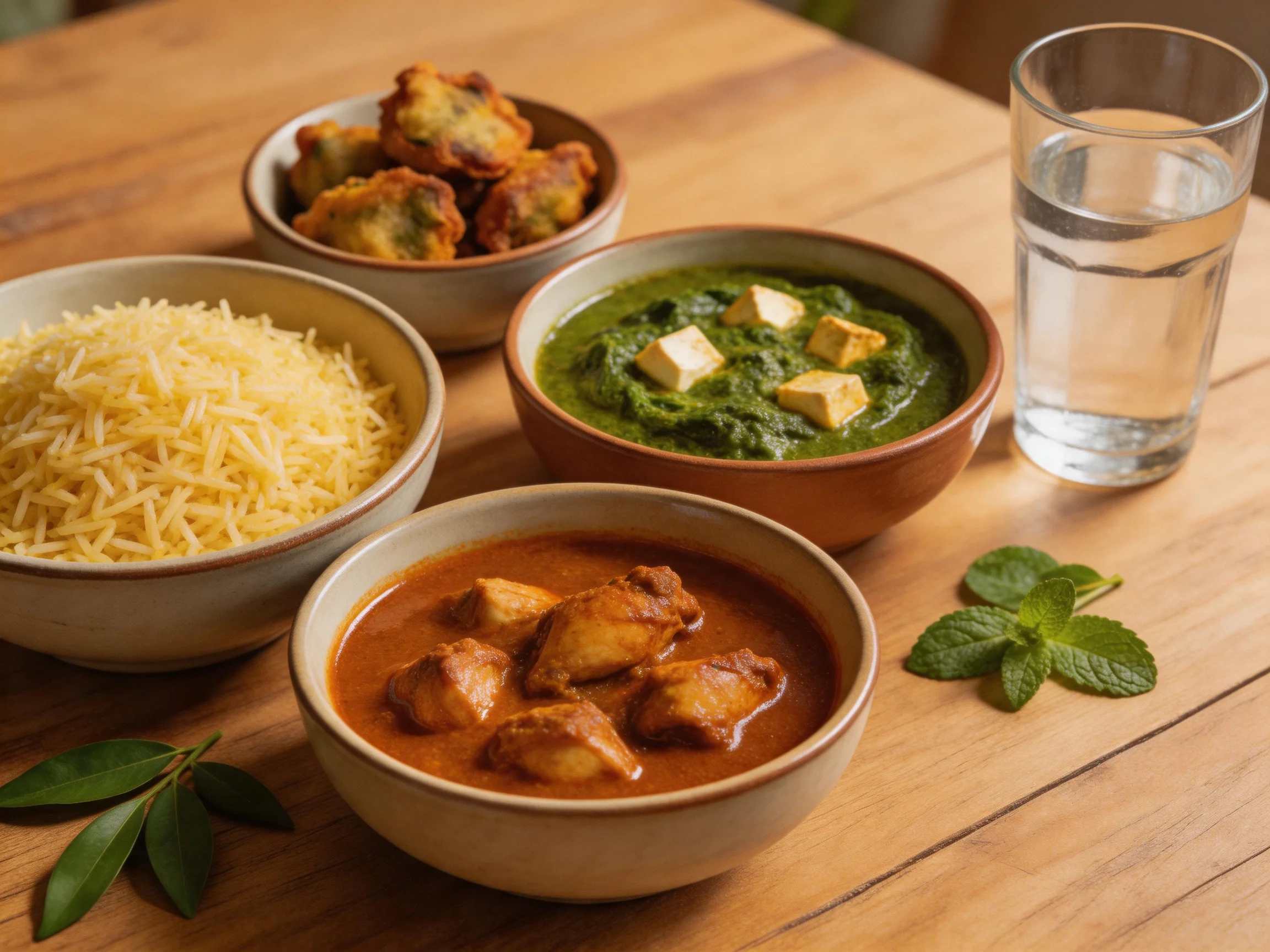 Four bowls of Indian cuisine with rice, curries, fried snacks, and water