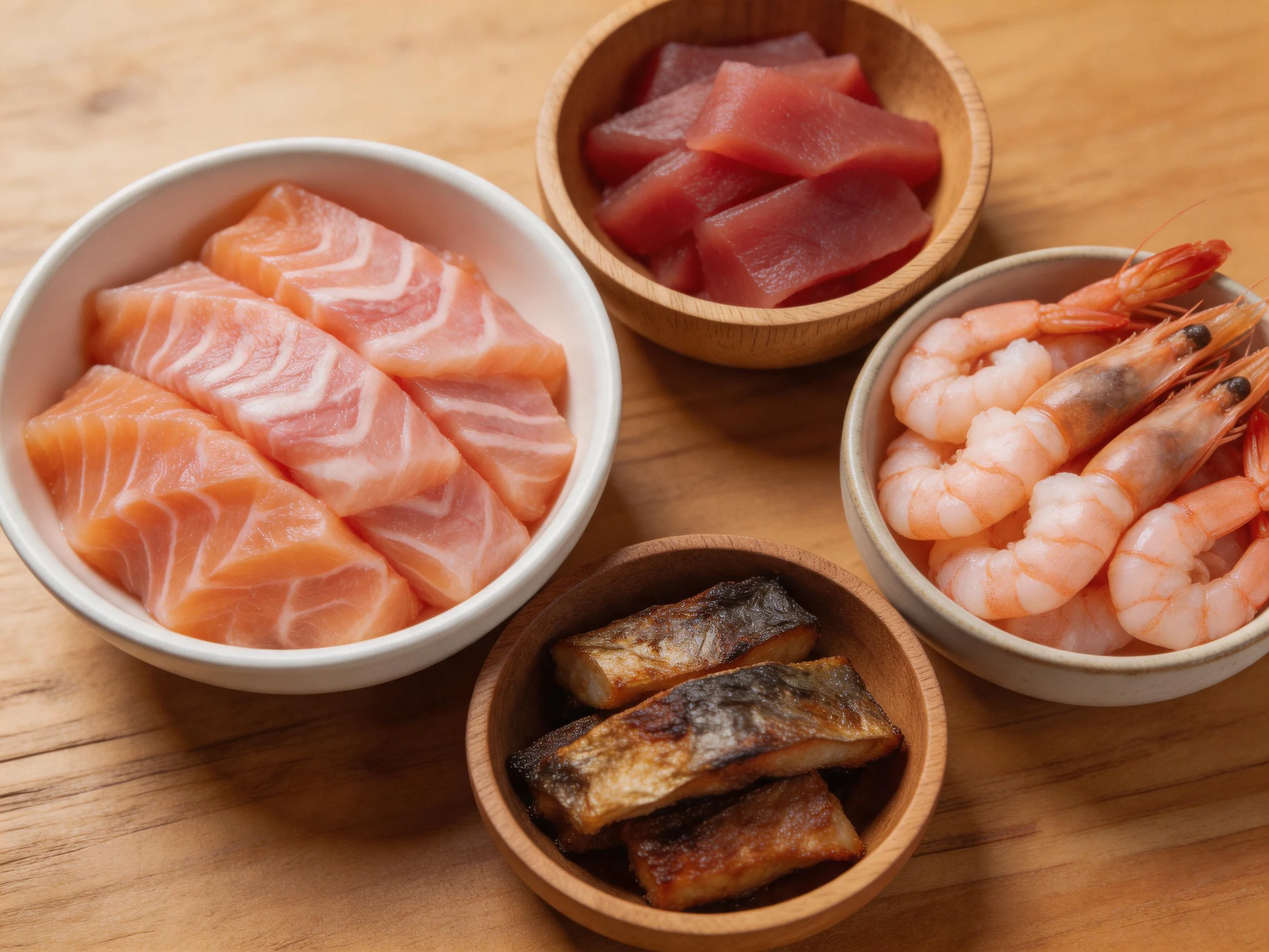 Four bowls of assorted fresh seafood on a wooden surface