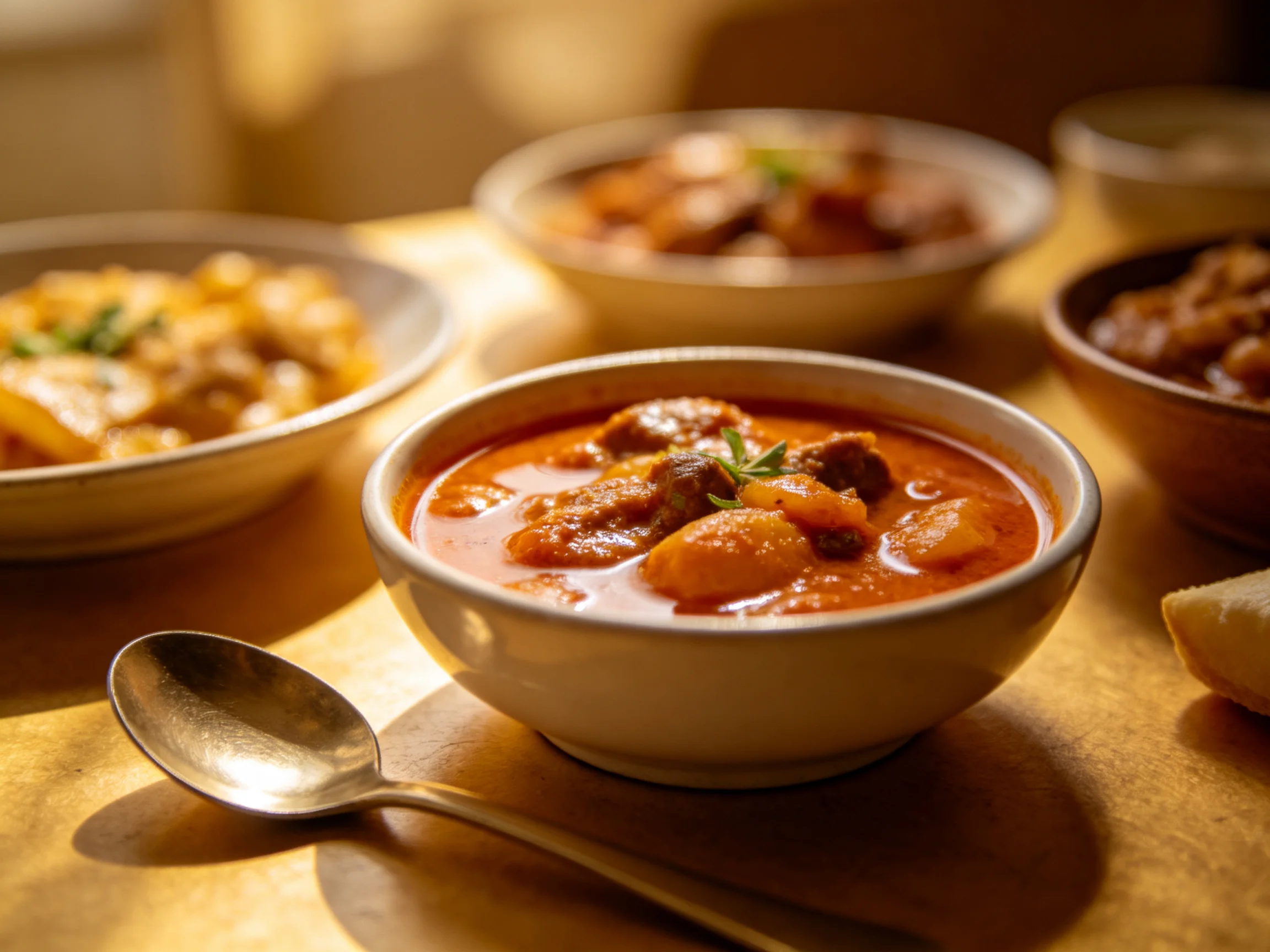 Four bowls of hearty soups and stews on a golden table