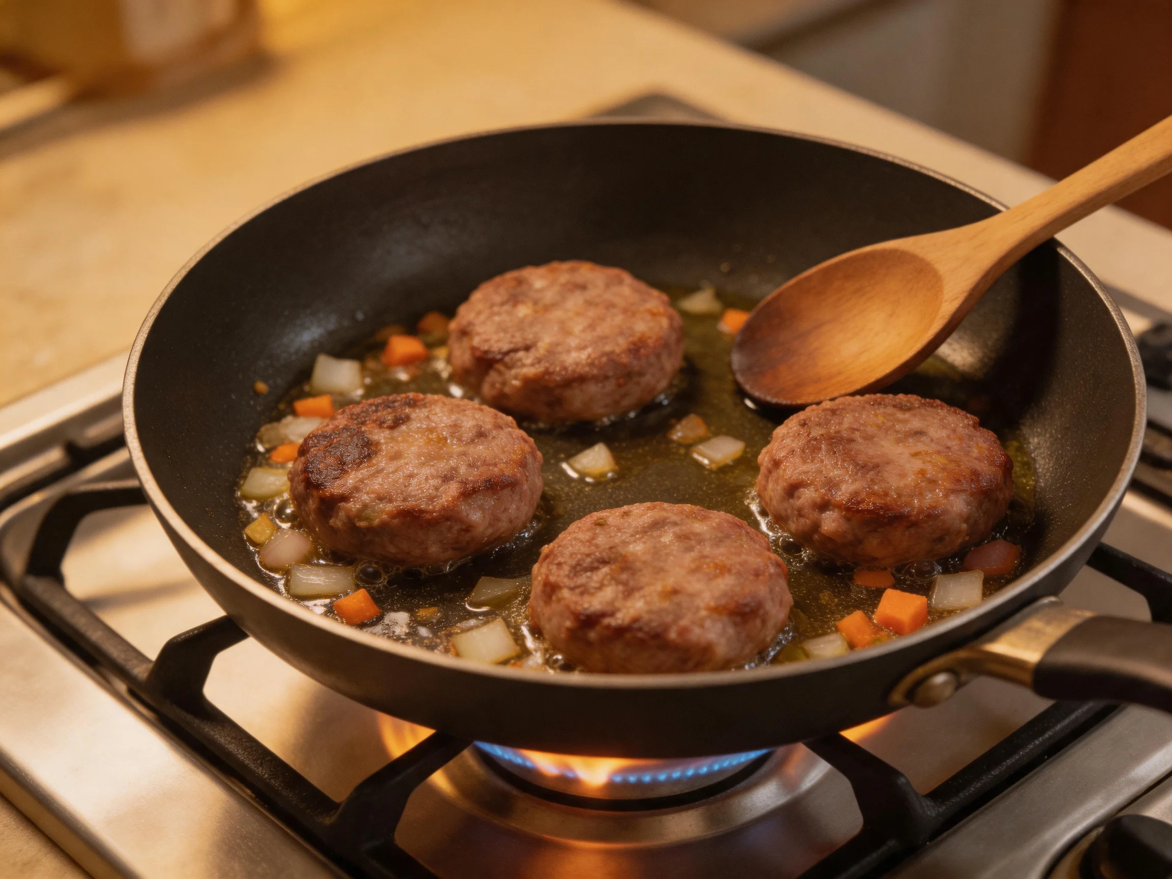 Four brown meat patties cooking in a skillet with vegetables over a lit stove
