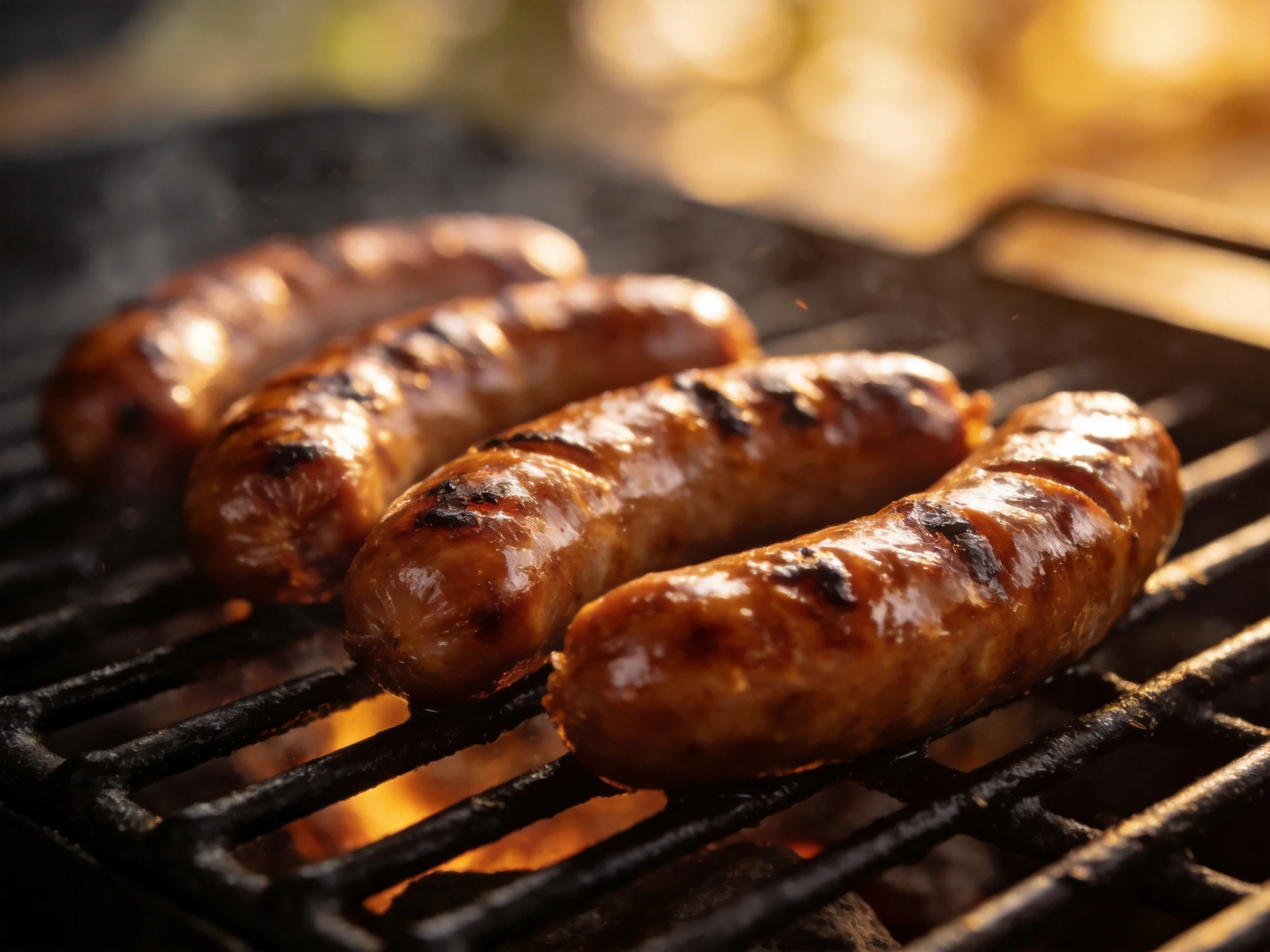 Four brown sausages grill on a black barbecue with glowing embers