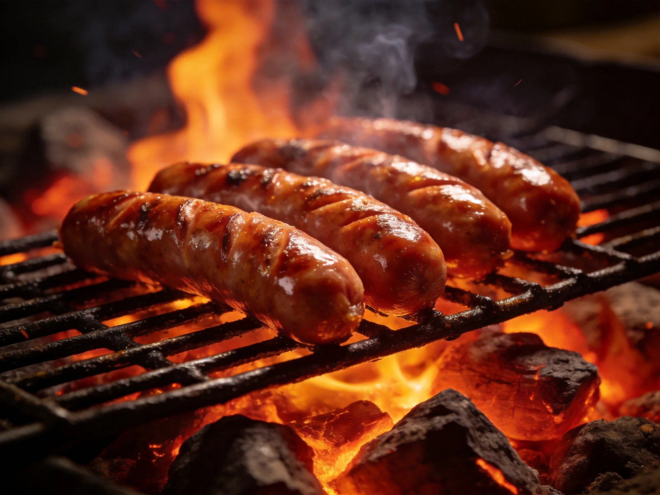 Four brown sausages grilling on a black metal rack over bright flames