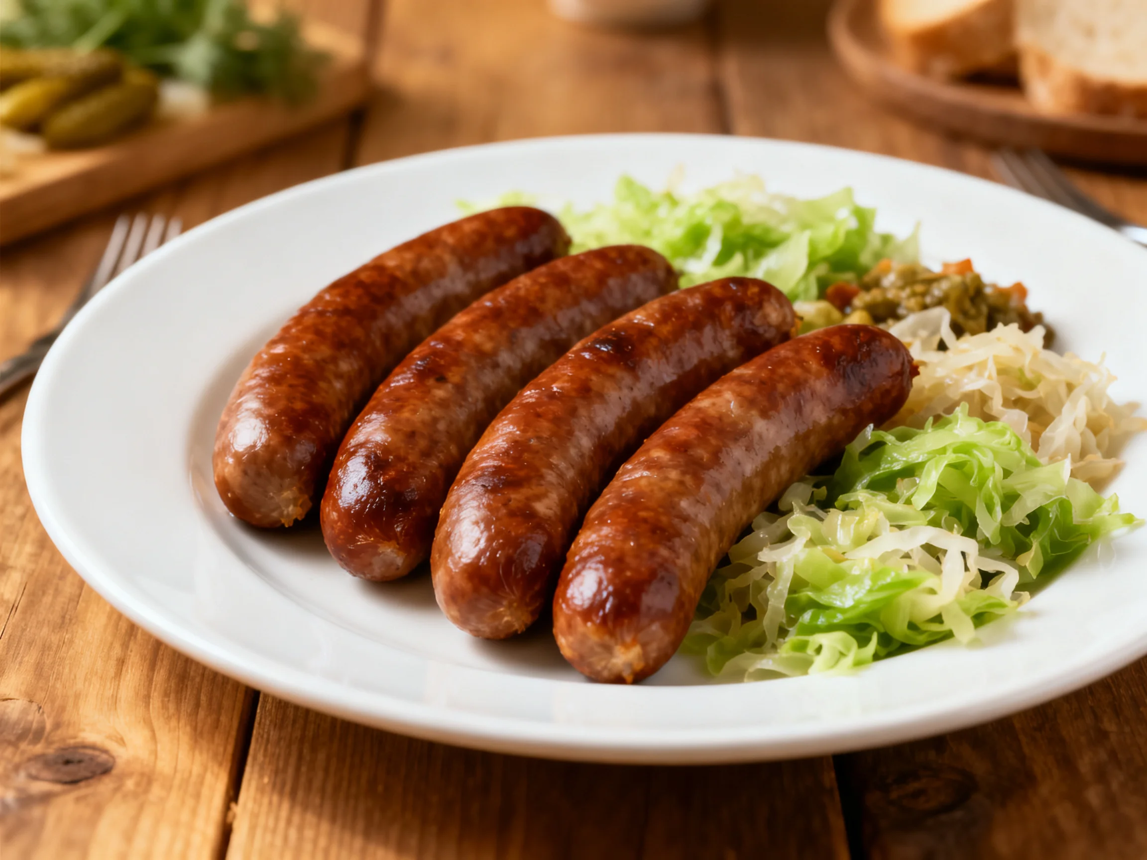 Four brown sausages served with shredded greens on a white plate