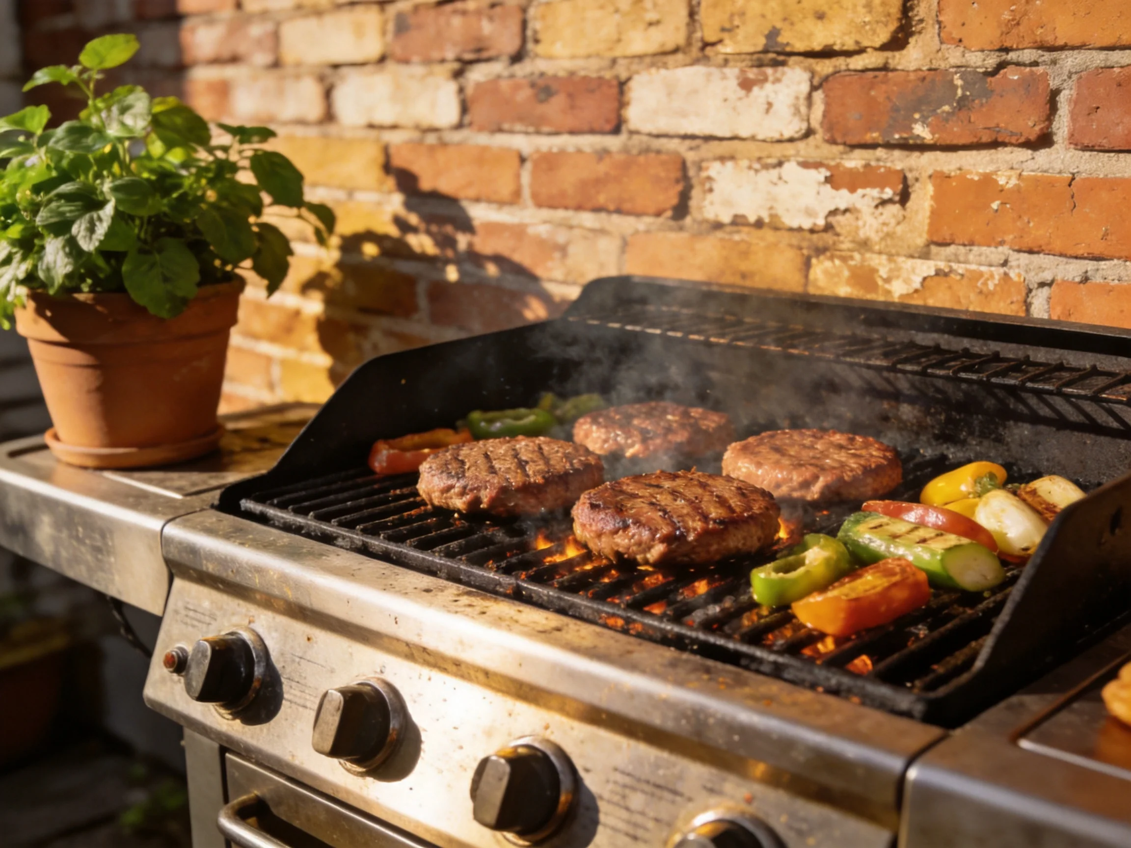 Four burger patties and colorful veggies grill on an outdoor stainless steel barbecue near a brick wa