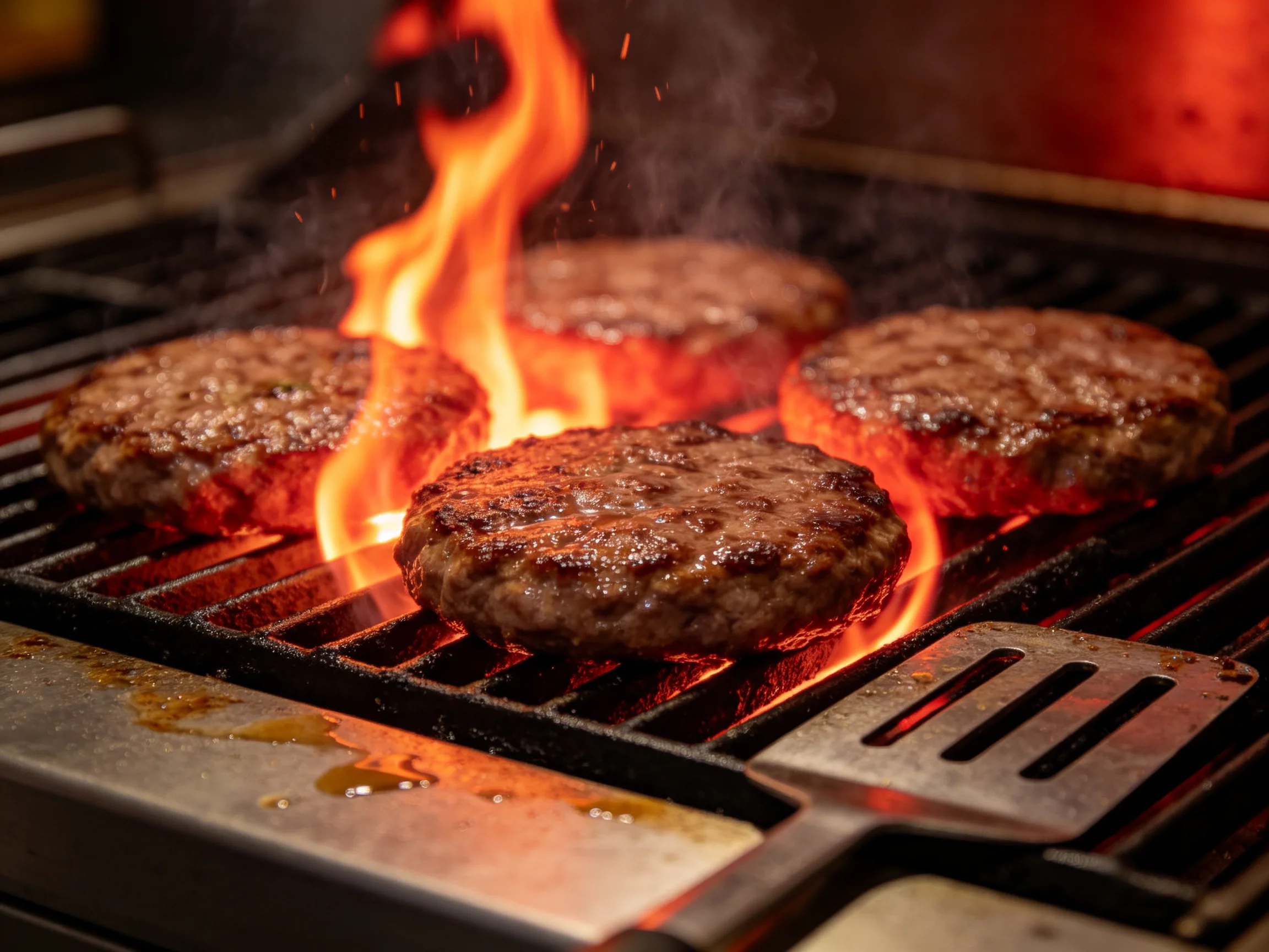 Four burger patties cook over bright, fiery flames on a grill
