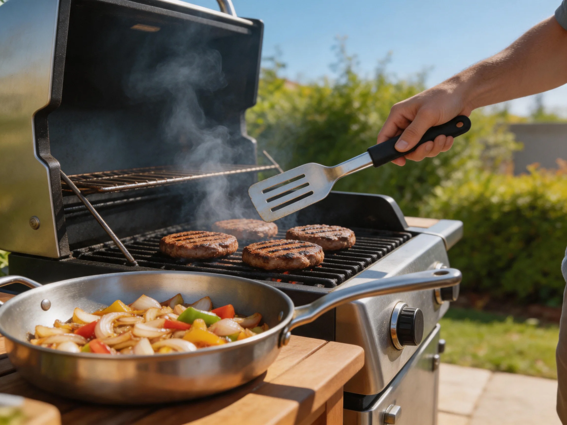 Four burger patties grill on a stainless steel outdoor grill with colorful veggies in a pan
