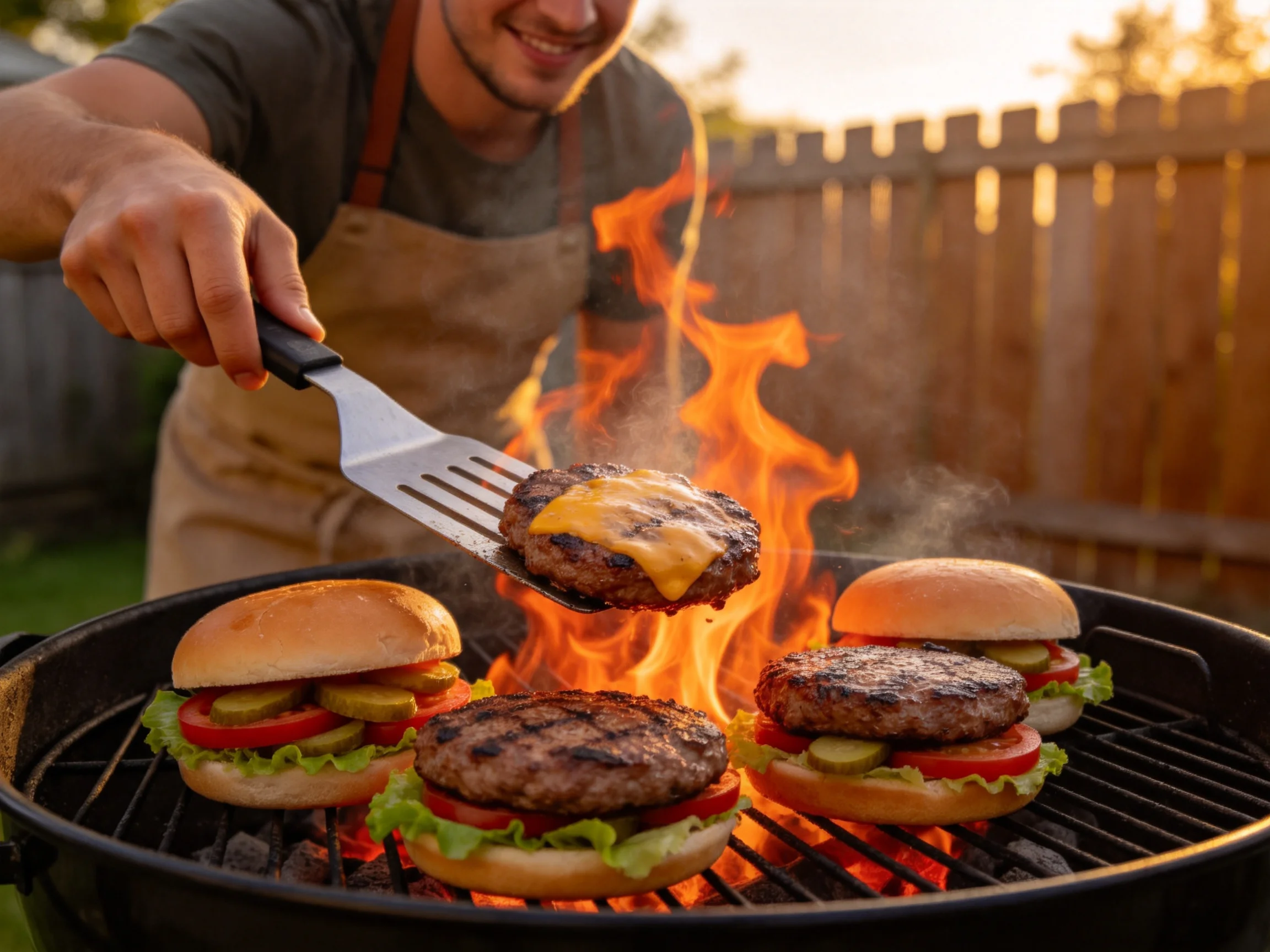 Four cheeseburgers sizzle over bright flames on an outdoor grill