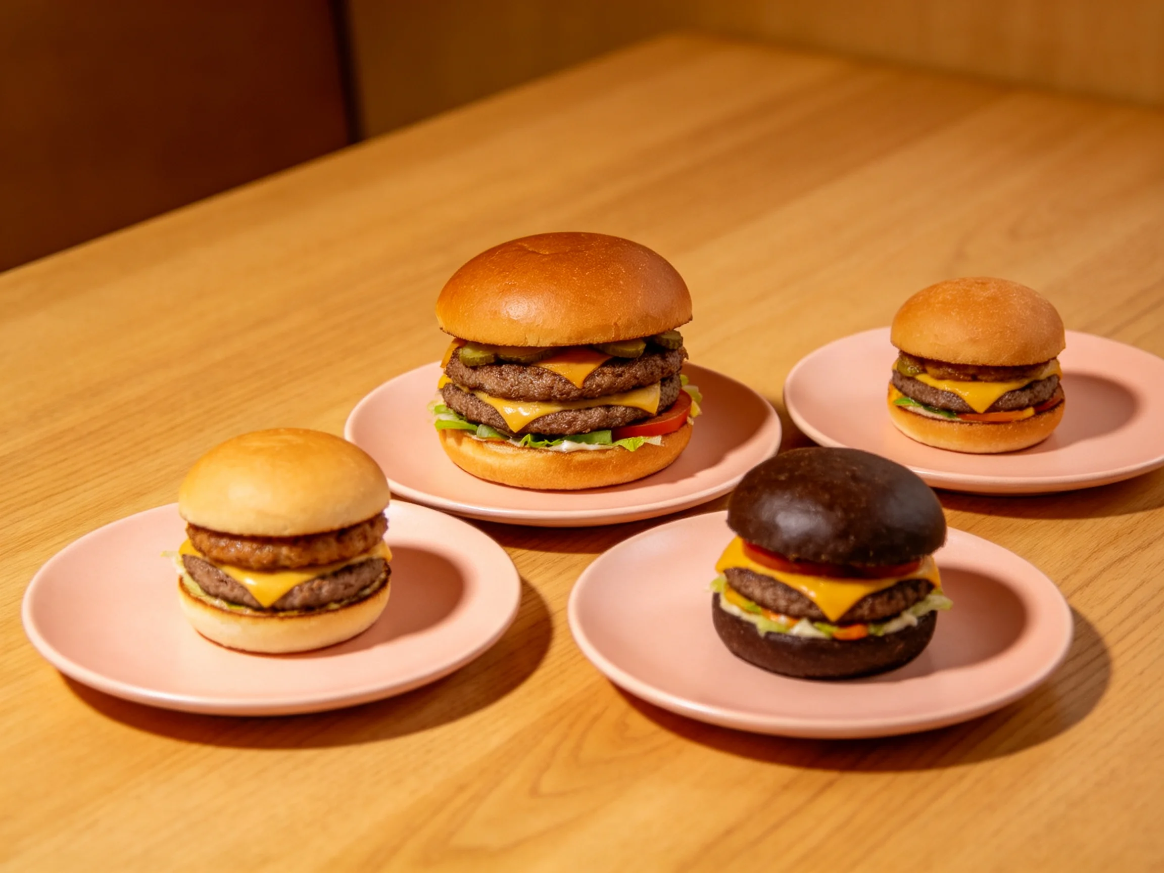 Four cheeseburgers with varied bun colors on pink plates