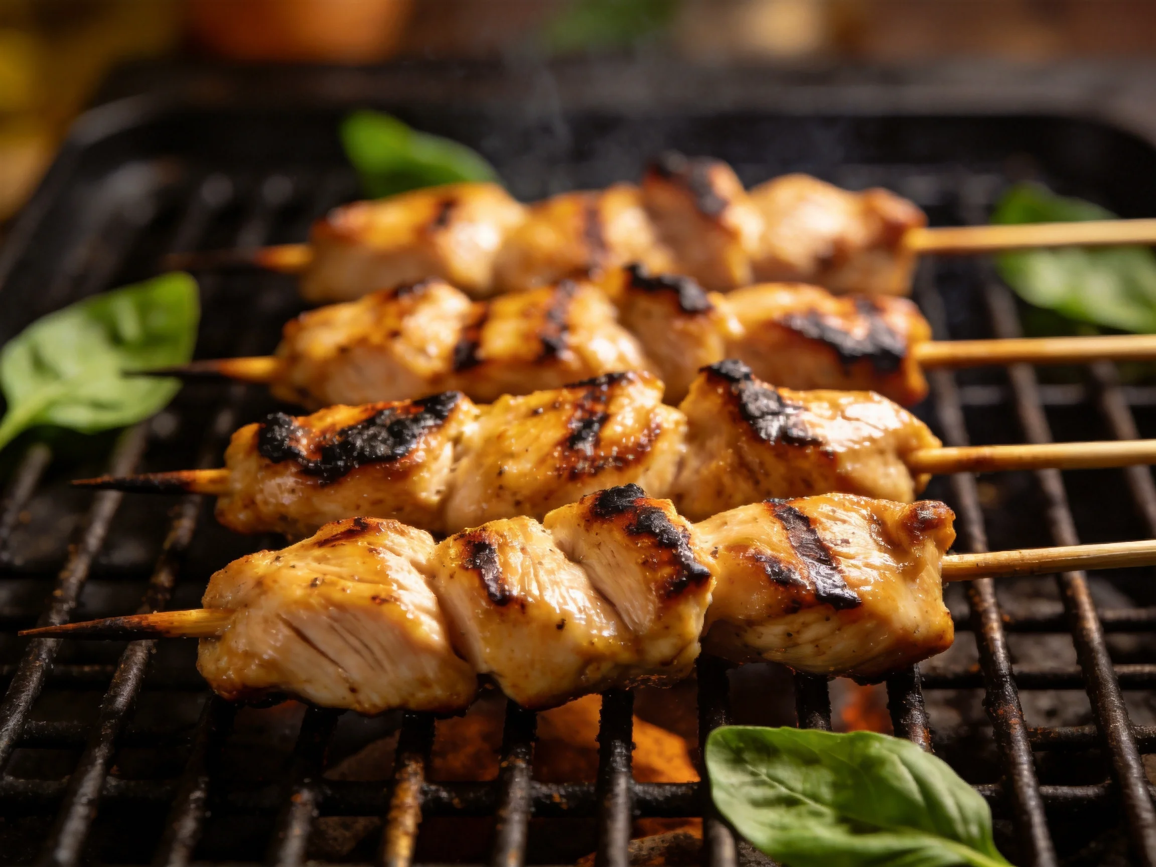 Four chicken skewers grilled with dark char marks on a black barbecue