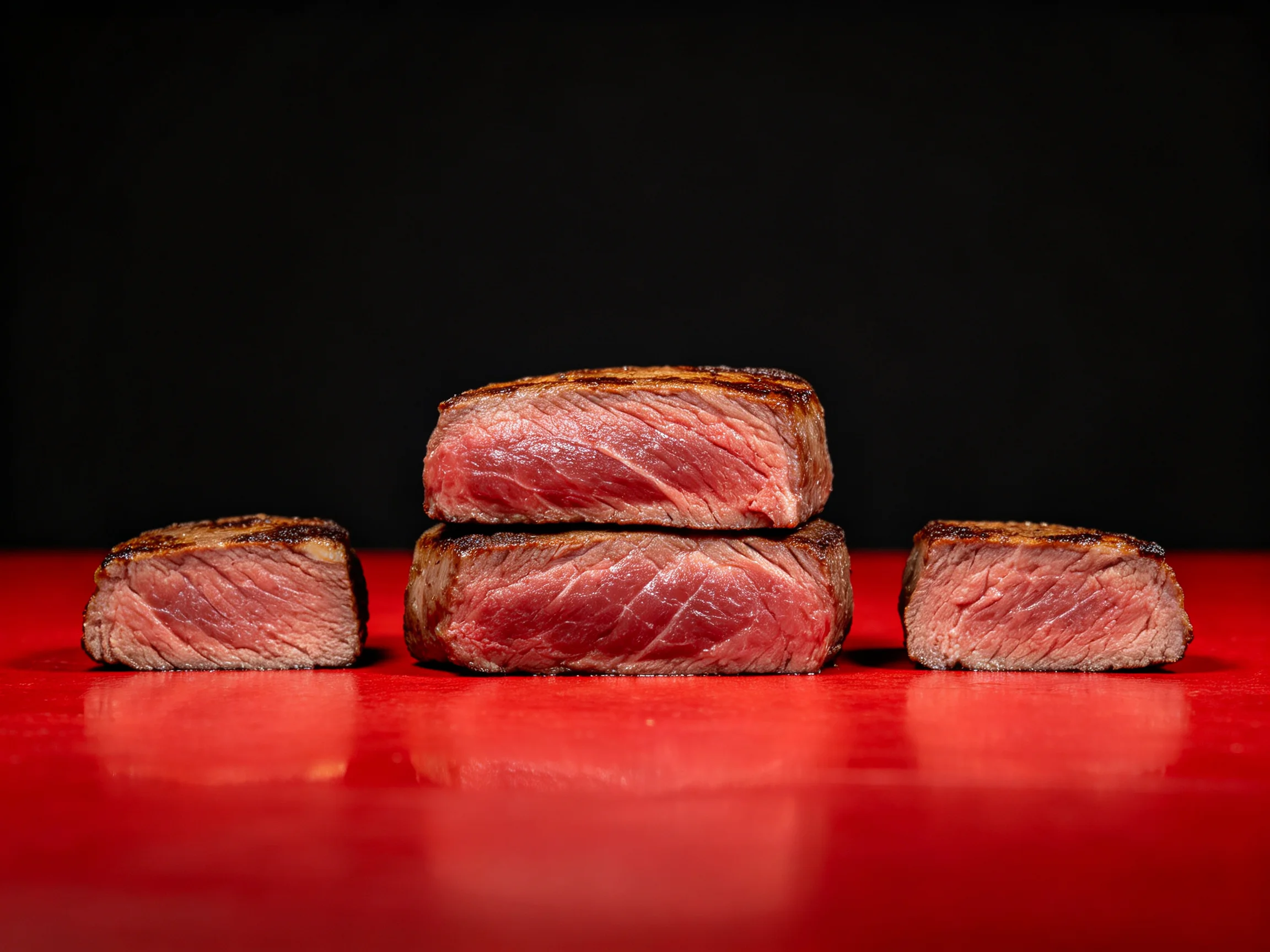 Four cooked beef steaks arranged on a vibrant red surface