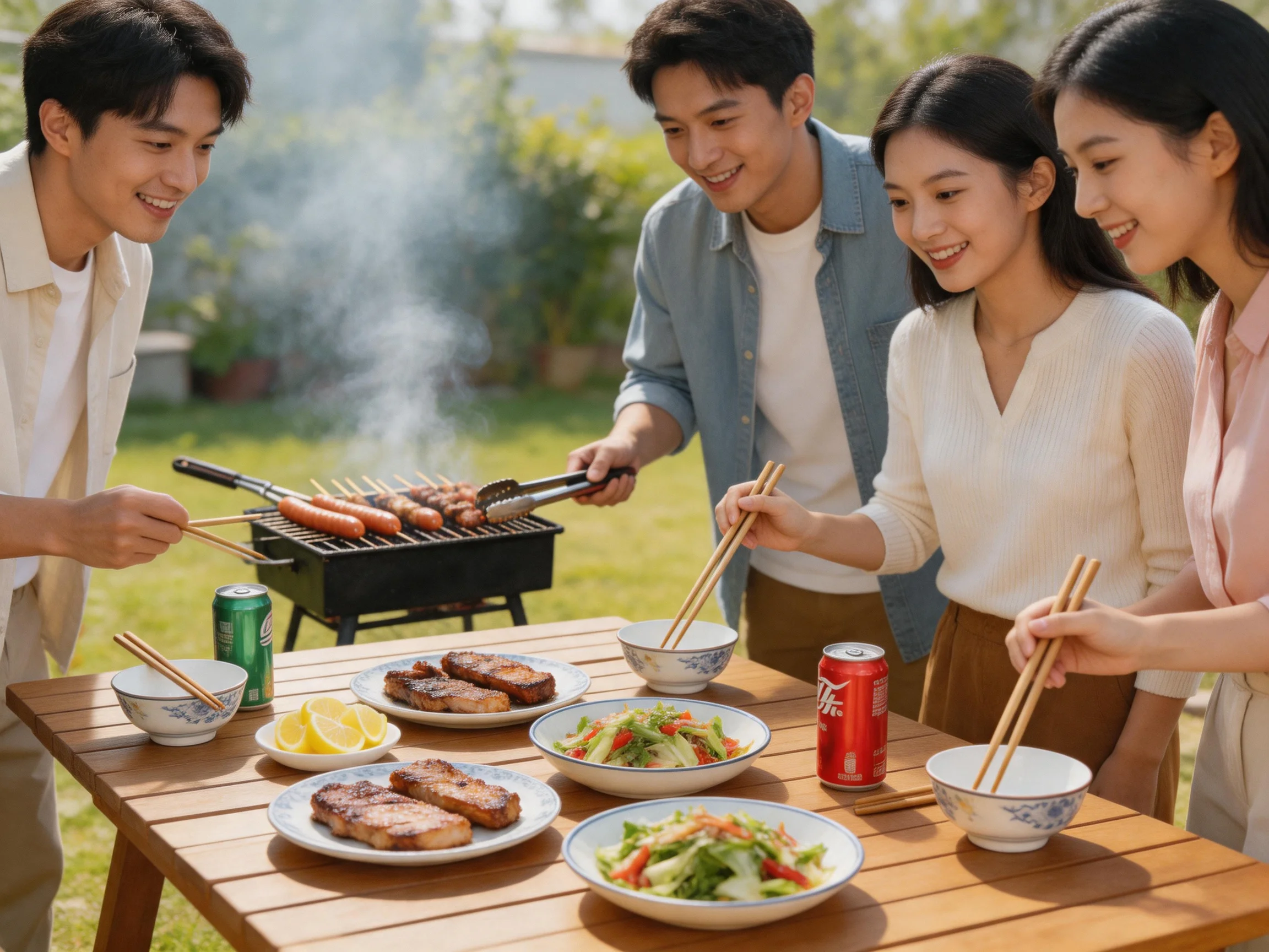 Four friends barbecue with grilled meats and salads outdoors